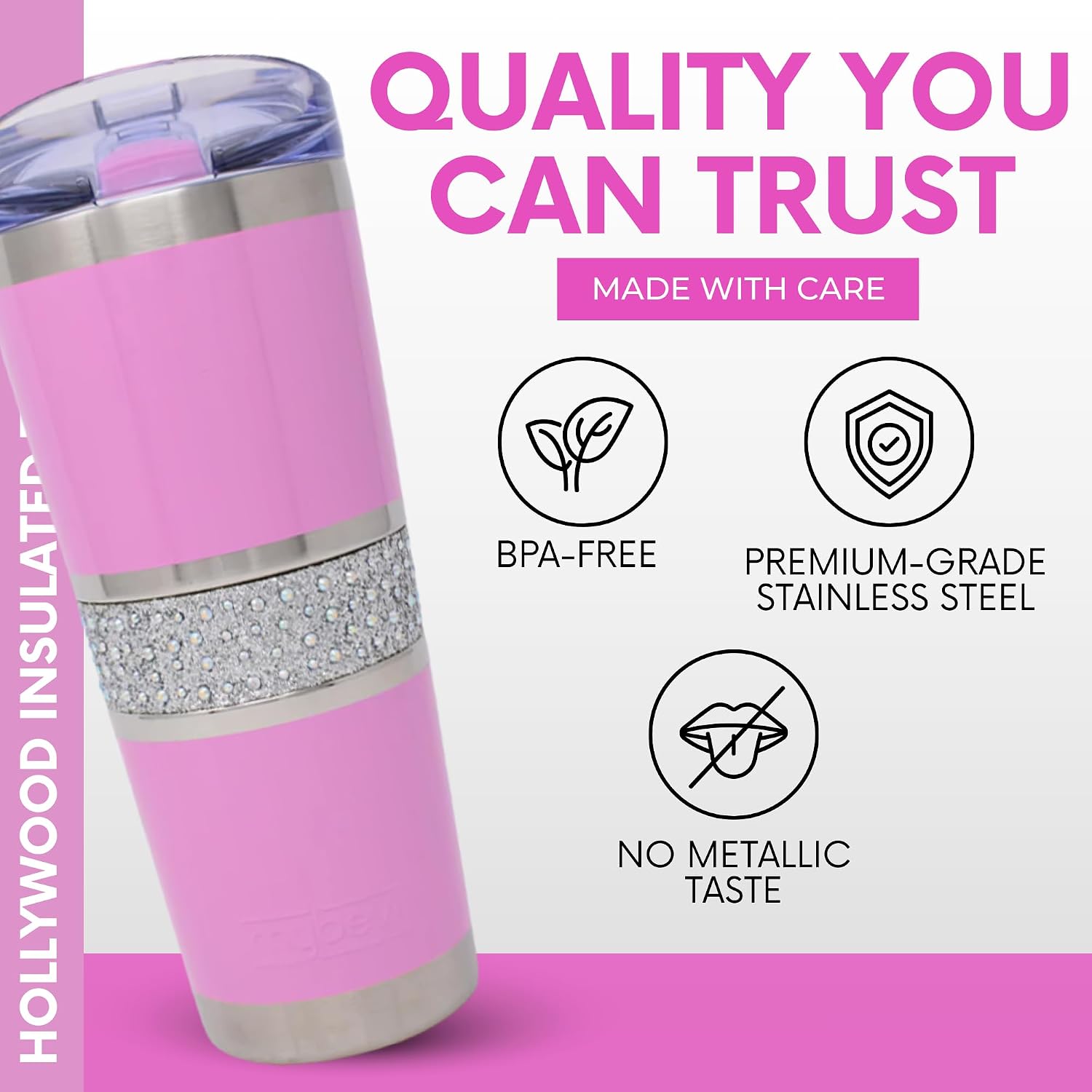 MyBevi Hollywood Insulated Tumbler – 20oz Stainless Steel Travel Cup with Leak-Resistant Lid | BPA-Free, Reusable, Fits Cup Holders, Hot & Cold for Gym, Work, or Commute – Pink
