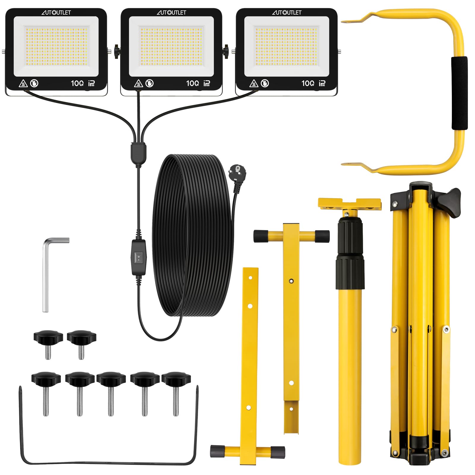 AUTOUTLET Faretto da Cantiere con Treppiede Allungabile,3x 100W 27000LM Faro Led Ricaricabile con 3 Temperature Colore e Cavo di Alimentazione da 5 M,IP66 Impermeabile,per Garage Officina e Esterno