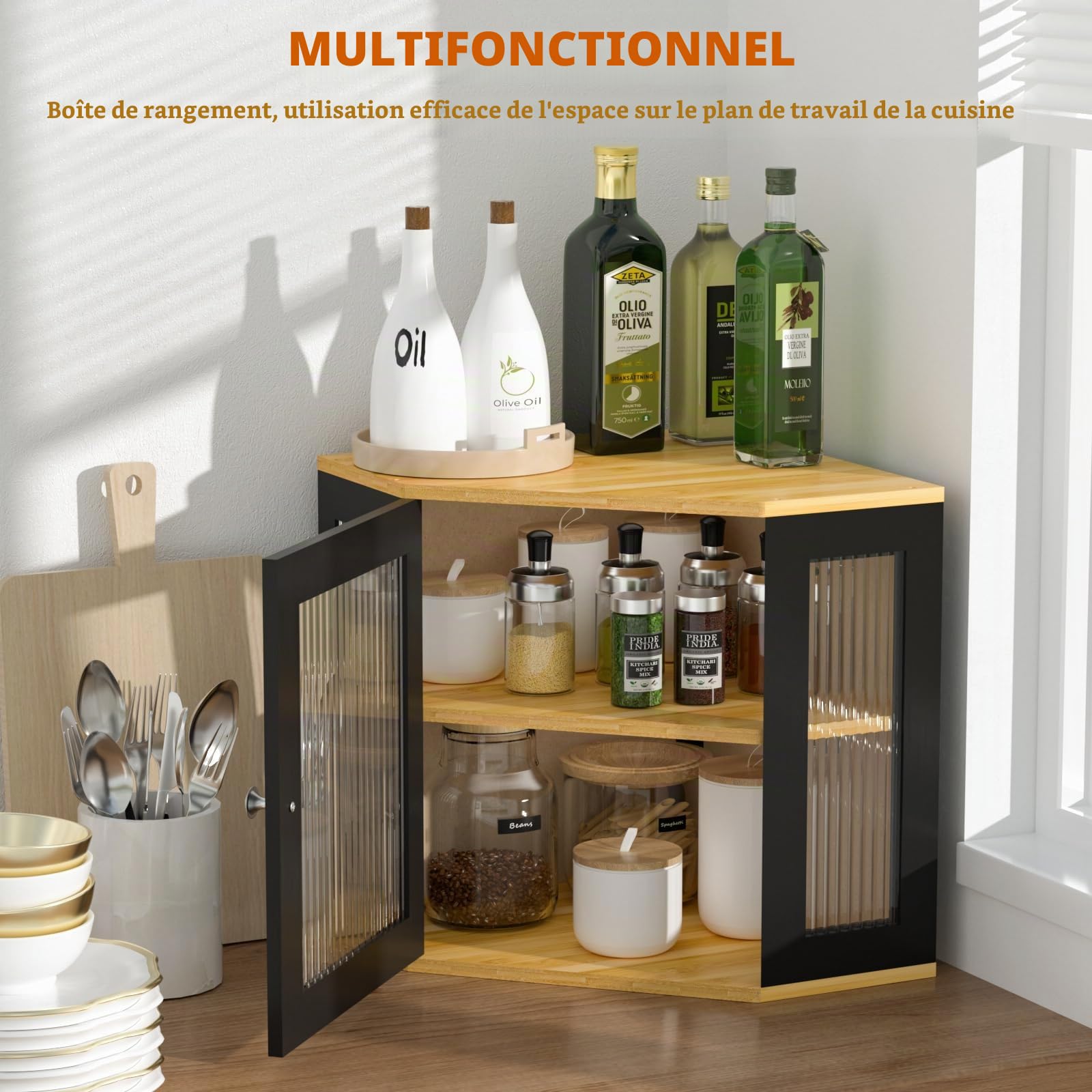 Boîte à pain en coin en bambou Boîte de rangement à pain avec 2 étages, contenant à pain en bois, résistant aux aliments et facile à entretenir, boîte à pain 32x32x35cm