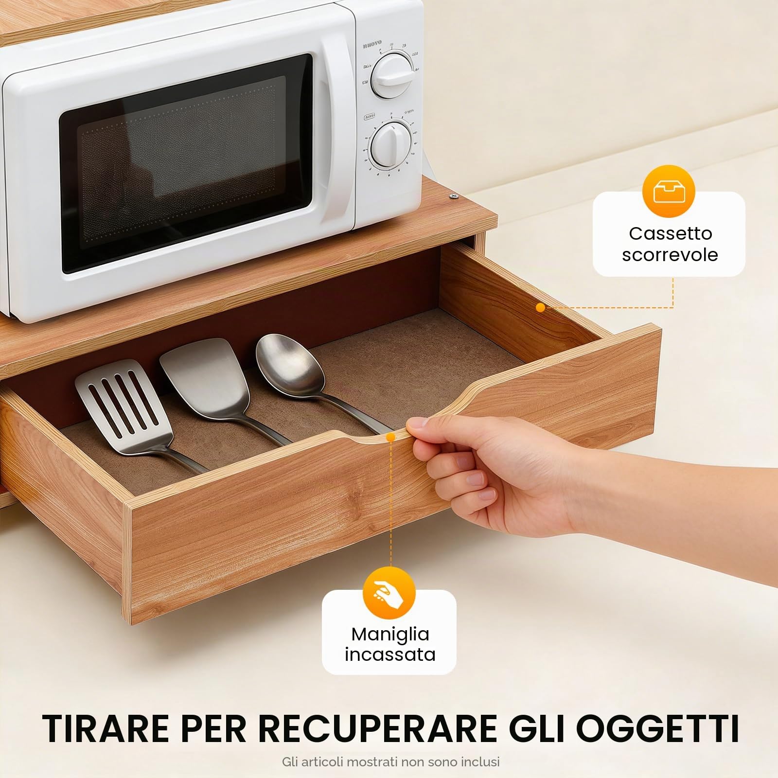 Scaffale per microonde a due piani, in legno con cassetto e capacità di carico di 10 kg, in MDF e ferro, 54 x 35 x 50 cm, design aperto, sufficiente spazio di archiviazione, robusto organizer da