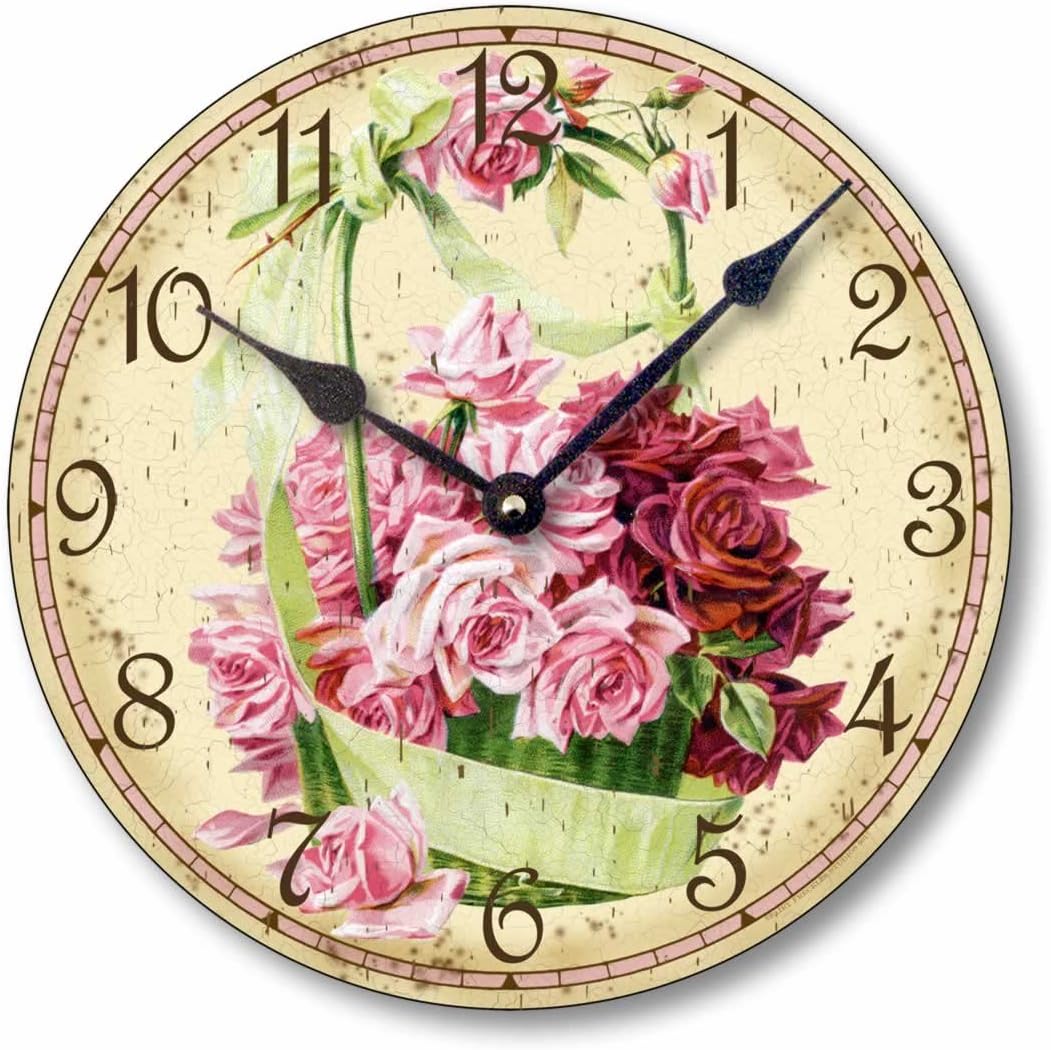 Item C6017 Vintage Victorian Style 10.5 Inch Pink Rose Basket Wall Clock