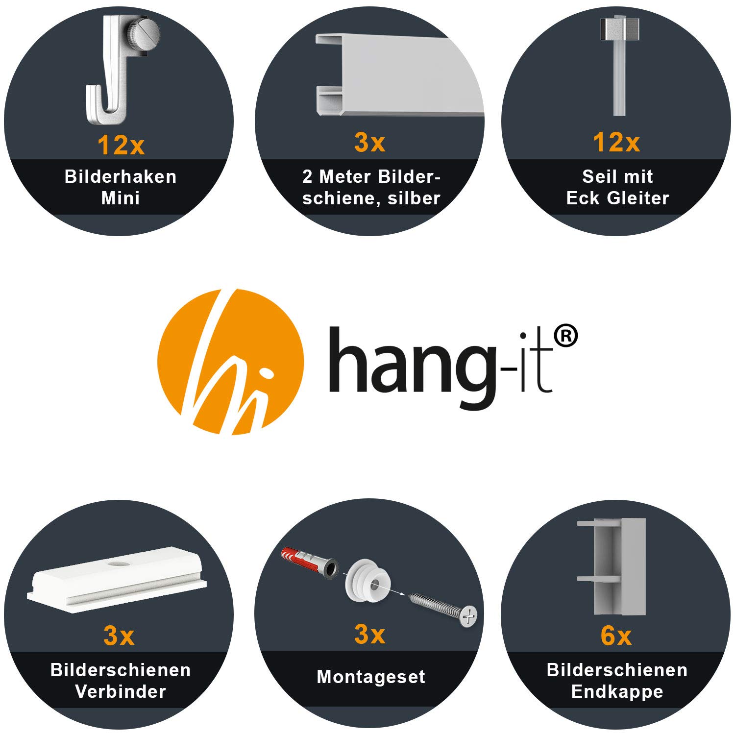 hang-it 6 Meter Bilderschienen Galerieschienen - Komplett Set in Silber