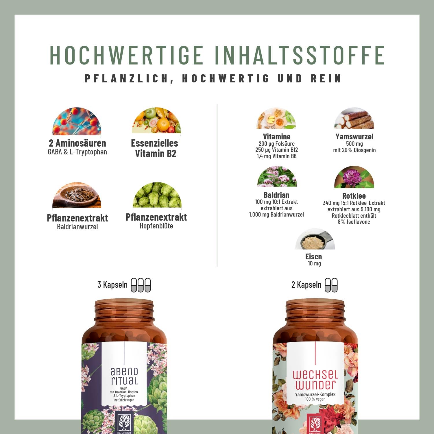 NATURTREU® Wechselwunder + Abendritual Bundle - 2er Paket aus 1x Wechseljahres Yamswurzel Rotklee Kapseln & 1x GABA Baldrian Kapseln - vegan