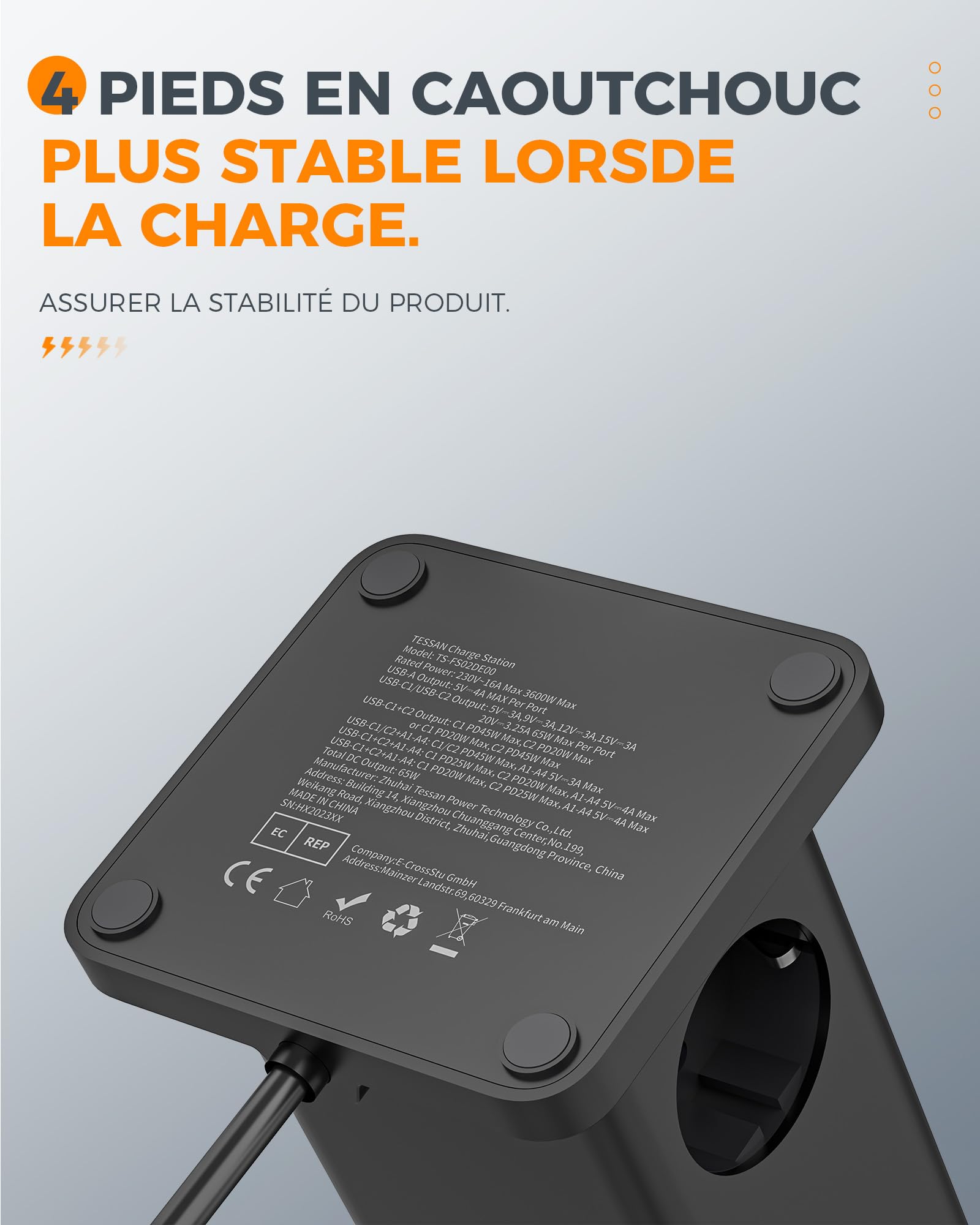 TESSAN Bloc Chargeur USB C Multiple, PD 65W Chargeur Rapide GaN avec 6 Ports (4 A et 2 C) et 2 Prises, Prise USB Secteur, Station de Charge avec câble 2m pour Le Bureau et Les Voyages