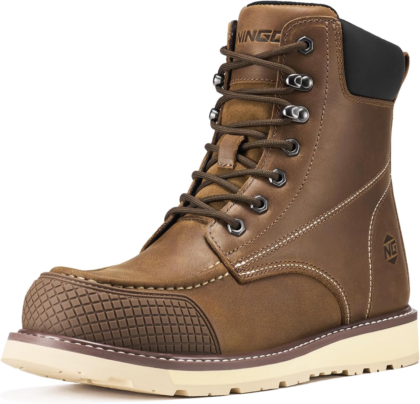 NINGO Steel Toe Work Boots for Men, 6 Inch Full Grain Leather Moc Toe Boots for Men with Non Slip Wedge Outsole, Durable TPU Protective Toe Cap Mens Safety Shoes EH Rated for Construction Welding