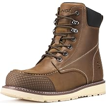 NINGO Steel Toe Work Boots for Men, 6 Inch Full Grain Leather Moc Toe Boots for Men with Non Slip Wedge Outsole, Durable TPU Protective Toe Cap Mens Safety Shoes EH Rated for Construction Welding