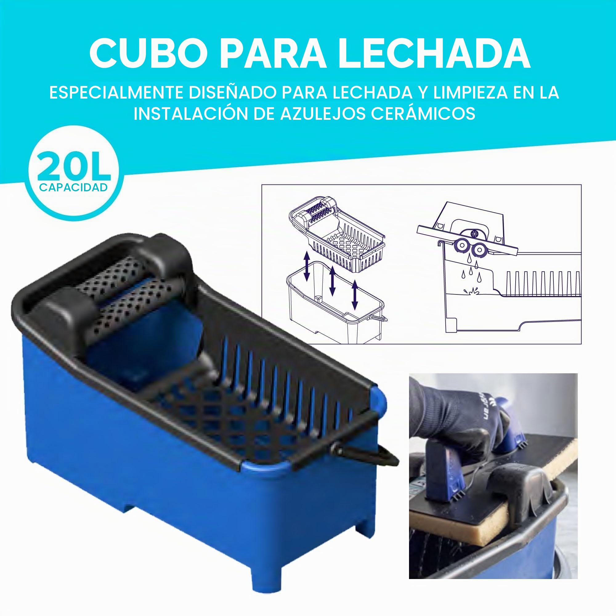 Peygran - Kit de limpieza: Cubo de 20 litros equipado con un sistema de rodillos que garantiza un drenaje máximo y más eficiente. Incluye talocha de rejuntado y talocha con tres esponjas diferentes.