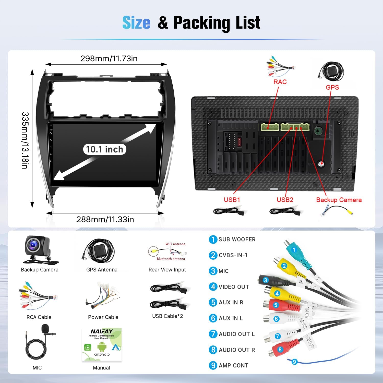 Naifay Android Car Radio for Toyota Camry 2012 2013 2014 (Non J.B.L Version), 2G+32G 10.1inch Touch Screen for Toyota Camry Head Unit with Carplay Android Auto Bluetooth FM GPS WiFi SWC Camera + MIC