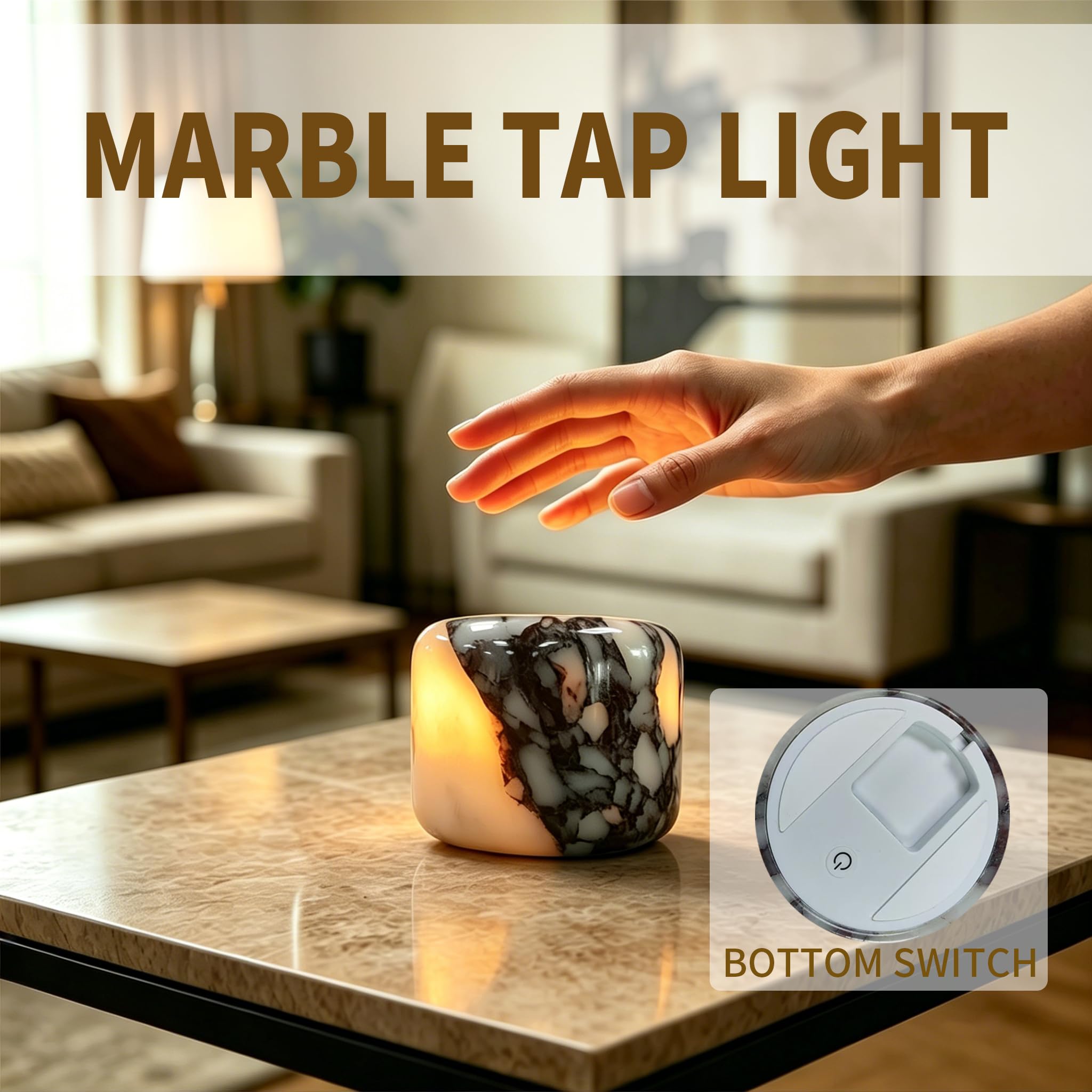 Lámpara de mesa de mármol, recargable tipo C, lámpara de noche regulable de 3 vías, iluminación ambiental única de piedra natural para dormitorio, mesita de noche, sala de estar, luz nocturna LED