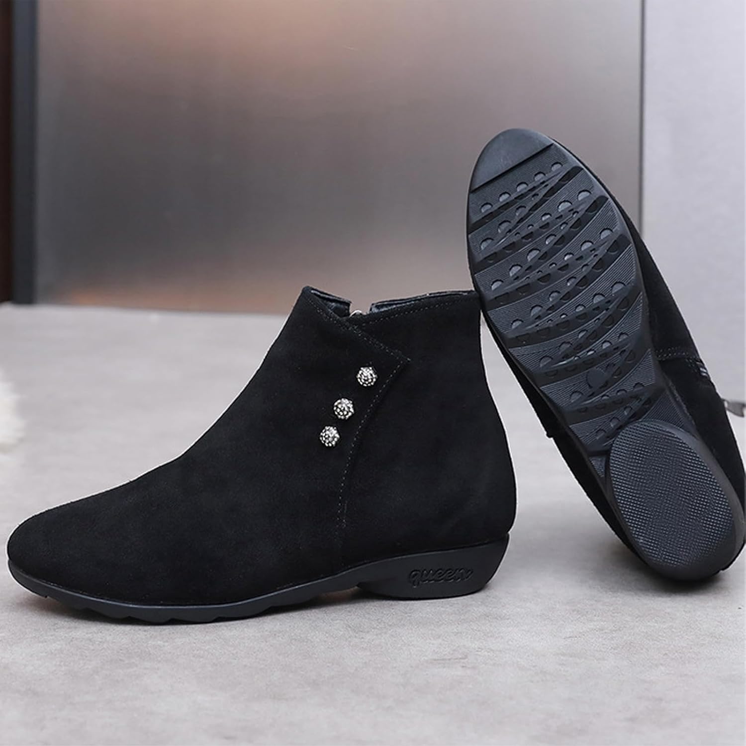 Women'S Suede Flat Ankle Boots Fashion Round Toe Side Zipper Soft Bottom Non-Slip Booties For Office Work Low Heel Boots