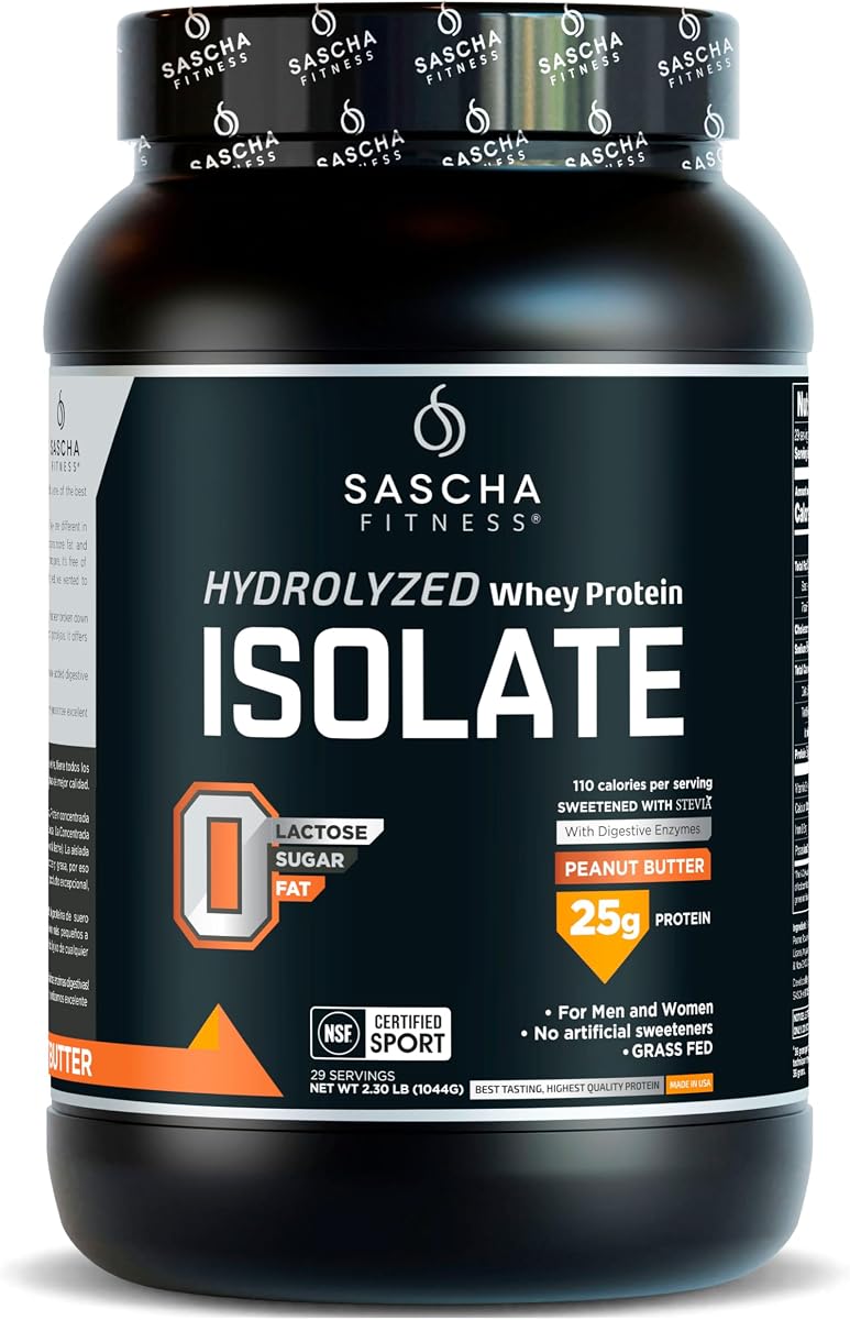 Aislado de proteína de suero hidrolizado SASCHA FITNESS, 100% alimentado con pasto (2.3 libras, mantequilla de maní)