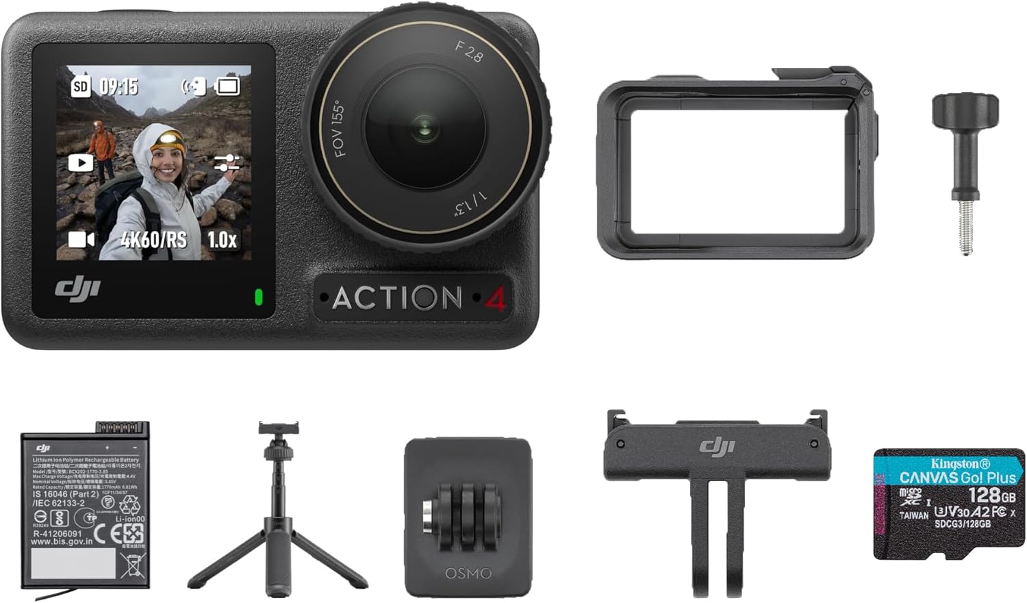 DJI Osmo Action 4-4K Action Camera with Extreme Battery, 128GB MicroSD Card, Protective Frame, Curve Adhesive Base, Mini Extension Rod, Adapter Mount, Locking Screw