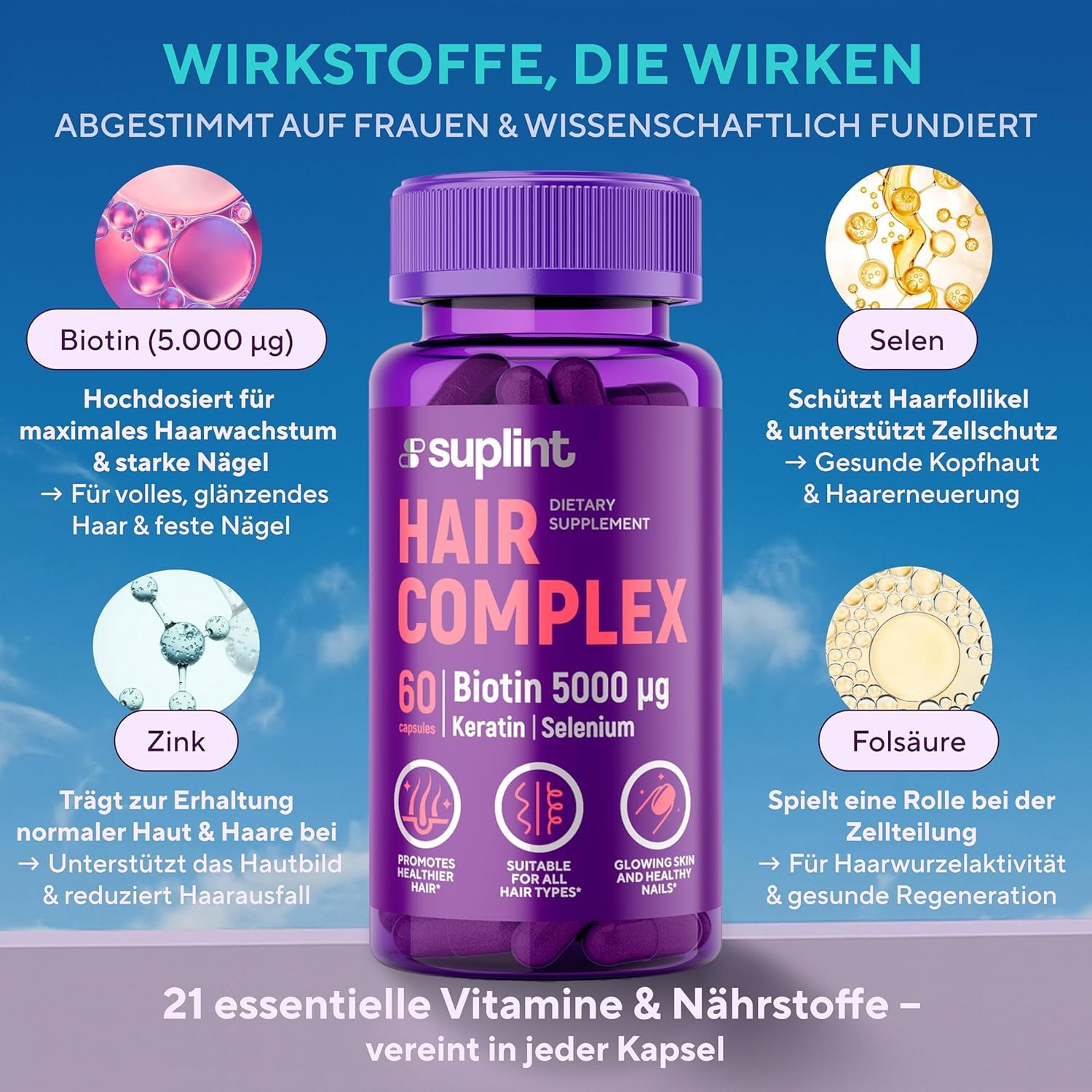 Haar Vitamine mit Biotin Hochdosiert 5000 mcg - Haarvitamine Haarausfall mit Zink Selen, Keratin, Vitamin A C D E B12 für Haare, Haut, Nägel - Haarwachstums und Stärkungs Komplex (3 Pack)