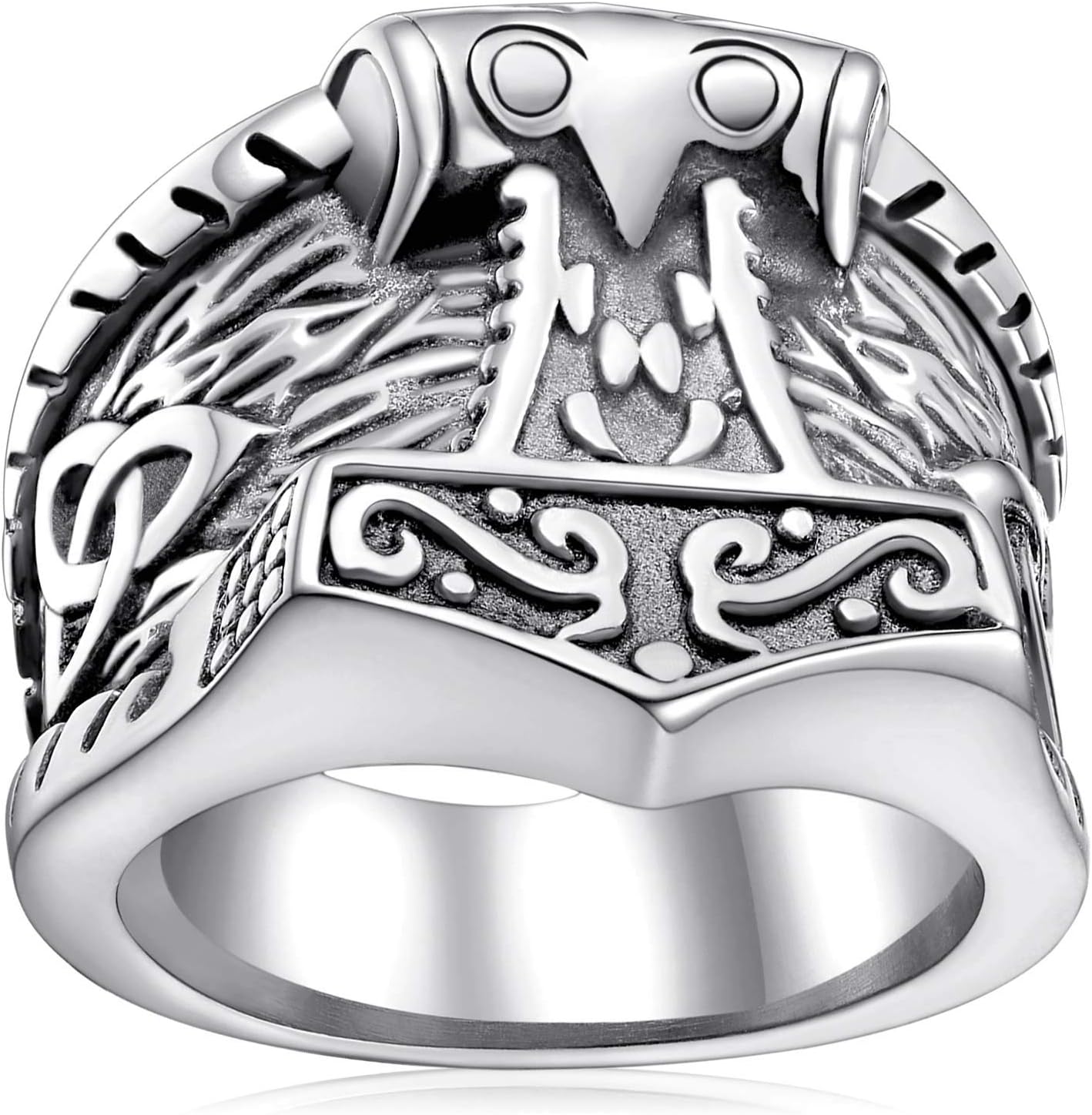 FaithHeartNorse Viking Jewelry Mens Stainless Steel Vikings Thor's Hammer/Wolf Head Ring Valknut Warrior's Gothic Jewelry-Personalized Engrave