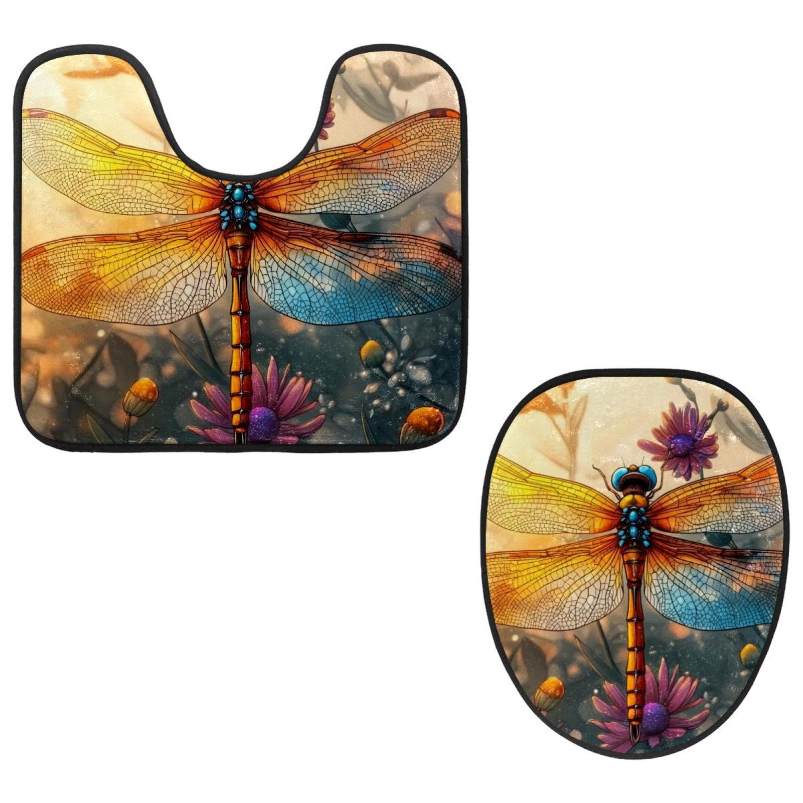 MUOOUM Toilet Lid Cover and U-Shaped Toilet Floor Mat Set of 2 Pieces, Dragonfly Flowers Toilet Mat Set, Machine Washable Seat Covers Non-Slip Absorbent Rugs