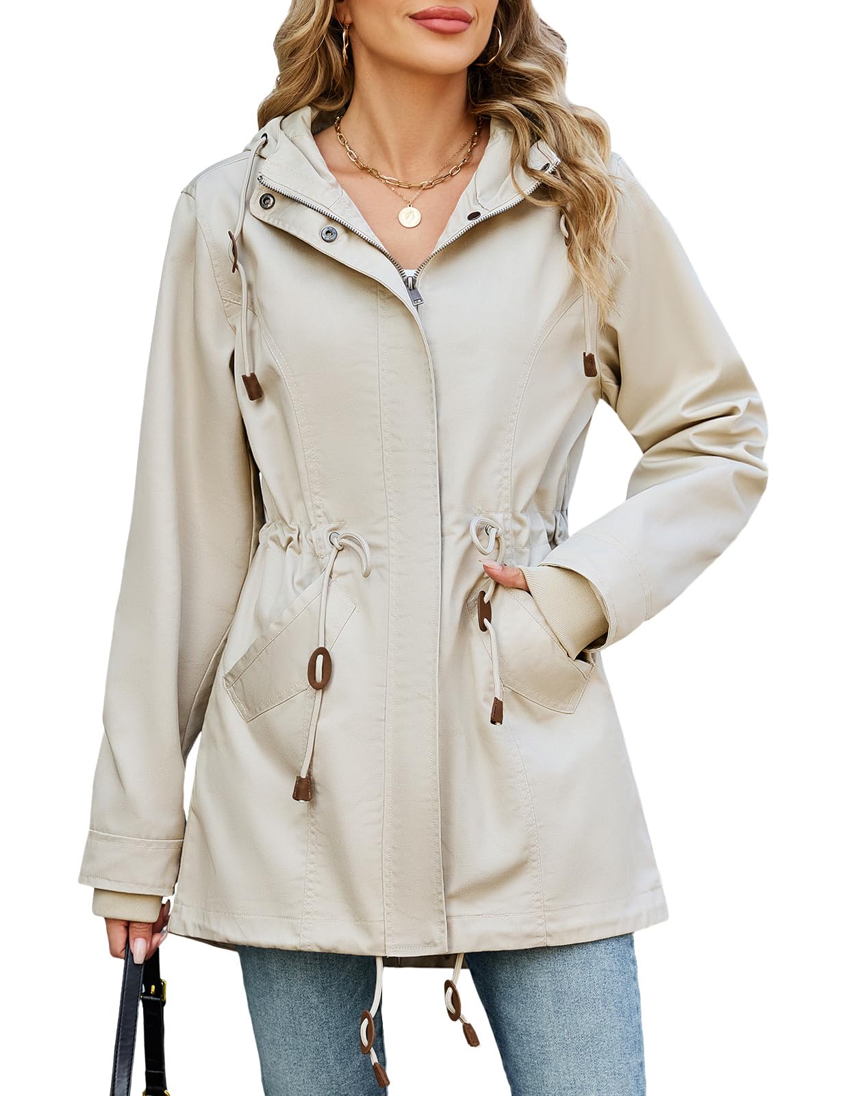 Vancavoo Übergangsjacke Damen Leichte Herbstjacke mit Kapuze | Frühjahrsjacke mit Kordelzug, Reißverschluss, Rippbündchen und Taschen für Frühling und Herbst