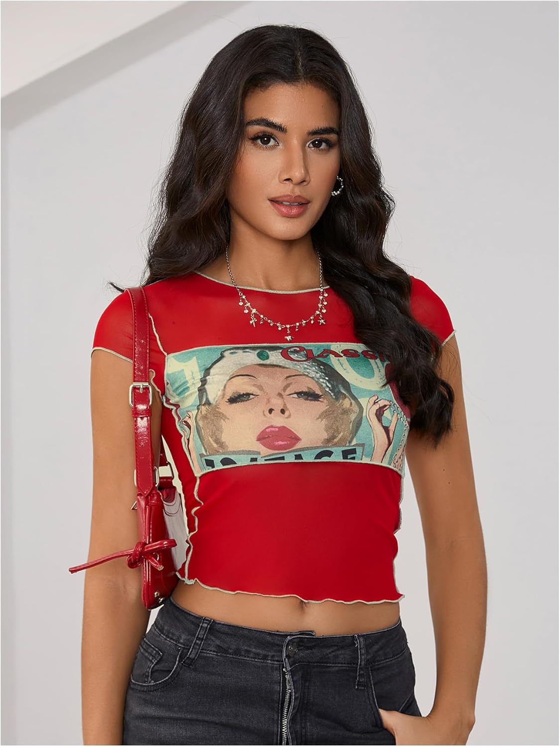 MakeMeChic Women's Y2k Mesh Top Short Sleeve Graphic Baby Tee Crop T Shirt Tops - Image 4