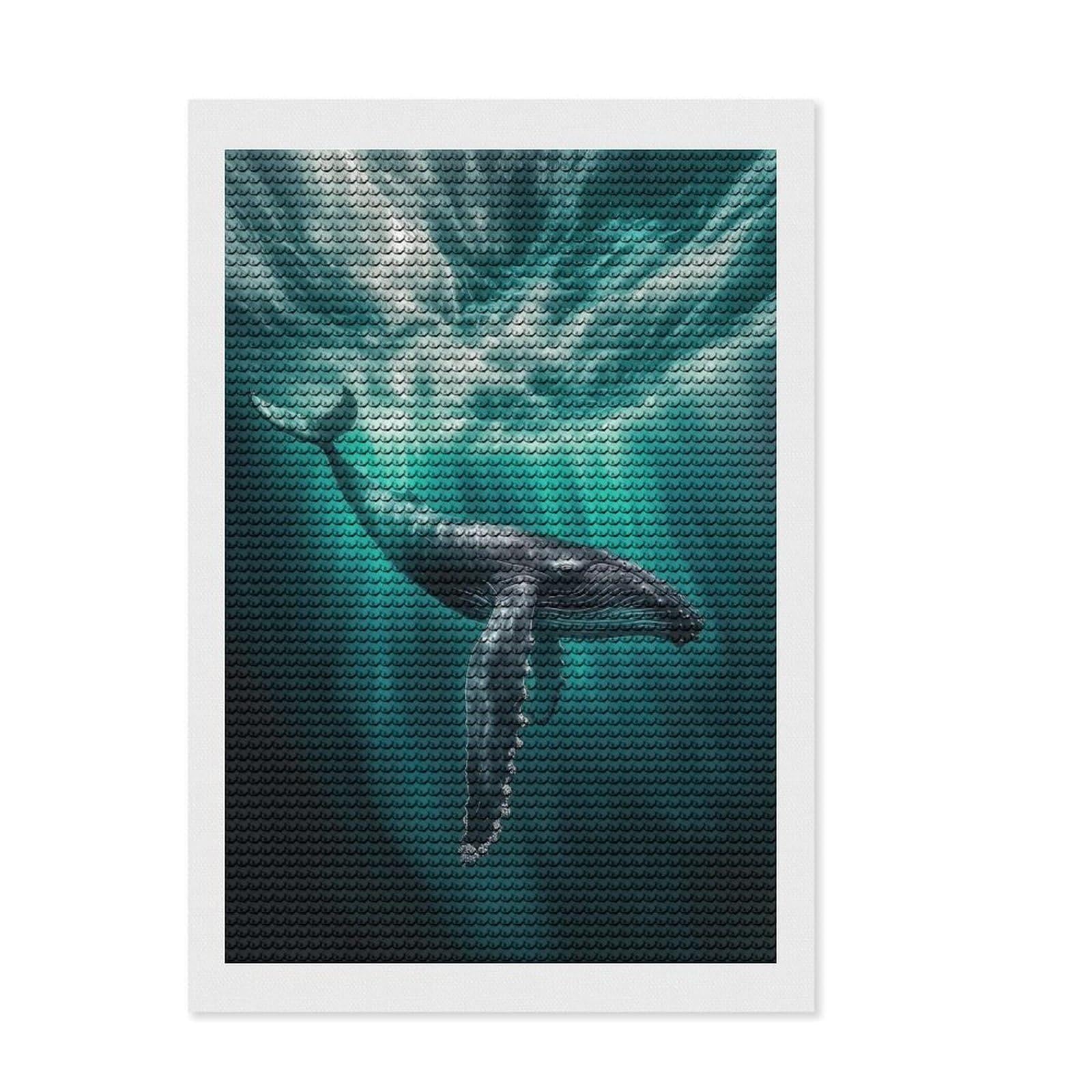Junmoney Humpback Whale Northern Lights Diamond Style Art Kit 8"x12", Round Gems, Mindful Craft Project, Thoughtful Present, Aesthetic Room Decor