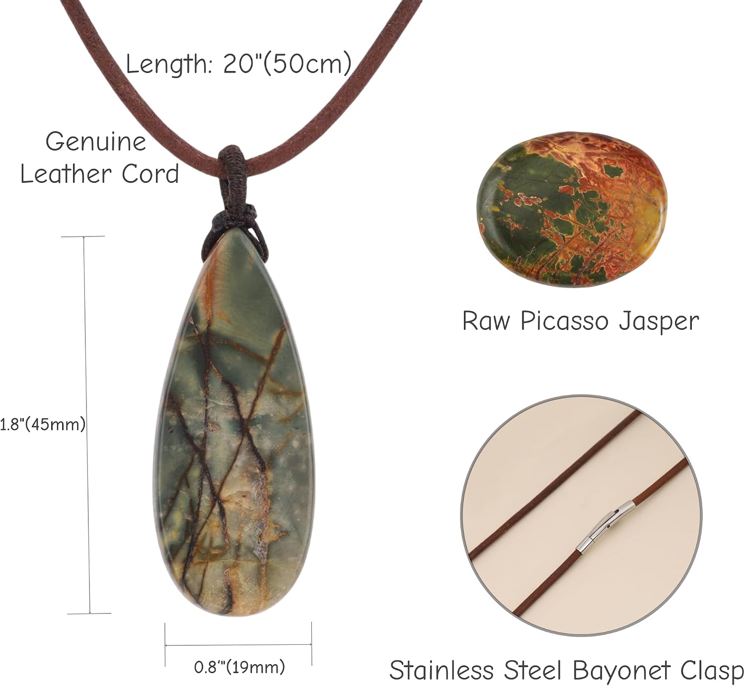 COAI Genuine Leather Necklace, Teardrop Picasso Jasper Crystal Necklace for Men Women
