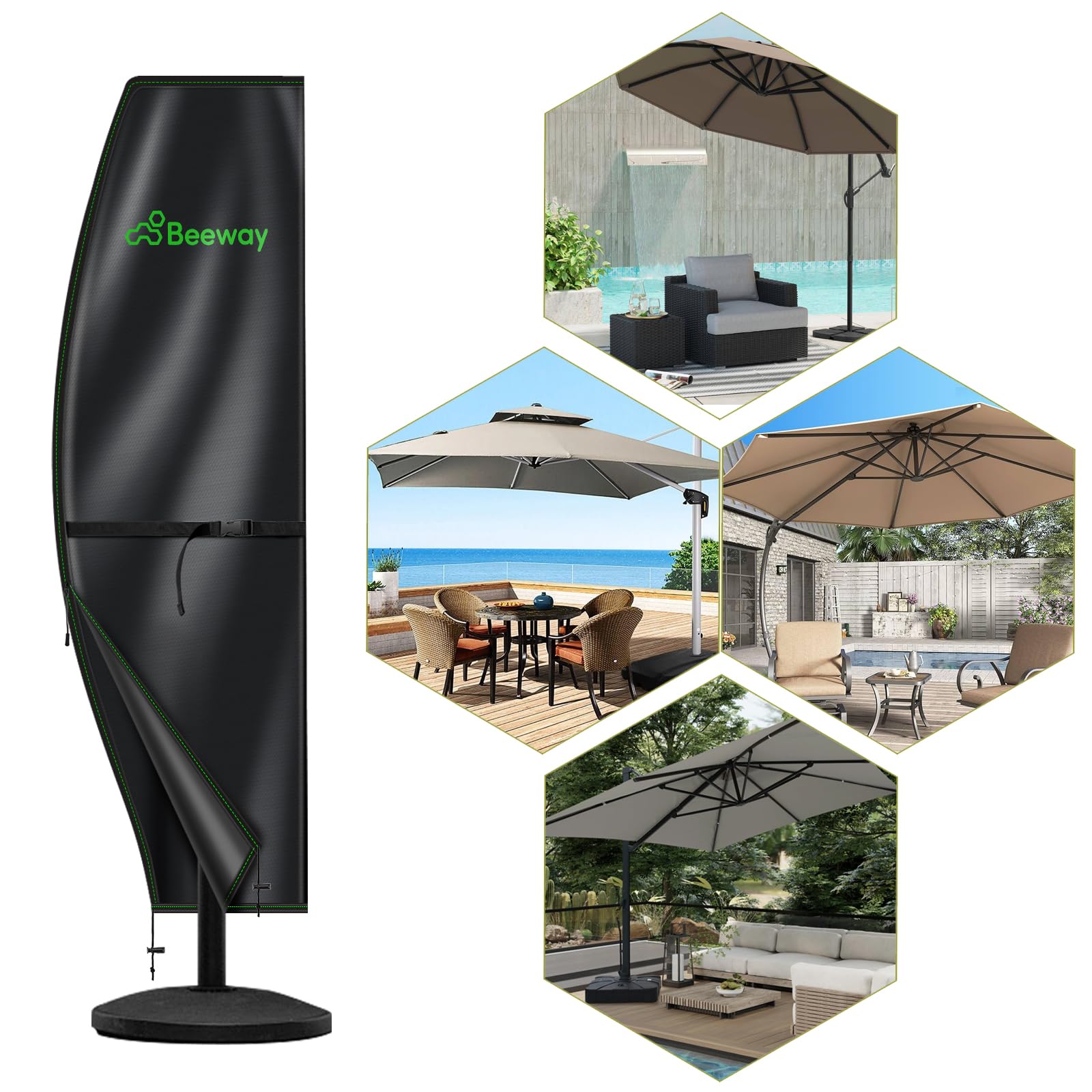 BEEWAY Garden Parasol Cover Waterproof, Outdoor Cantilever Parasol Cover with Zipper and Rod Fit for 1m to 3m Banana Patio Umbrella - 210D Oxford Fabric, Anti-UV , Windproof - 205 x 45/75/32cm — view 6