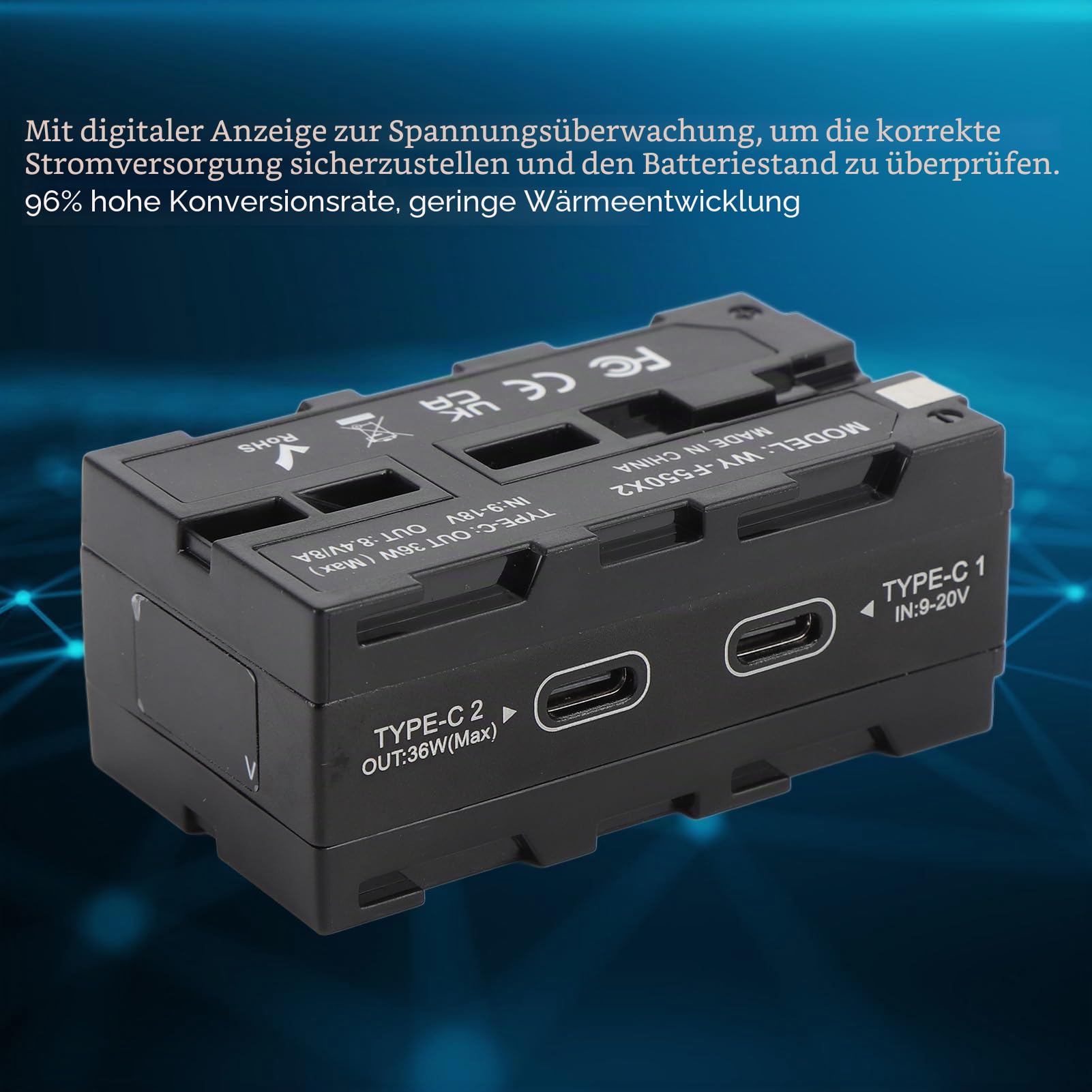 NP-F Dummy-Batterieadapter, Zweiseitig mit Digitalem Display- und Typ-C-PD-Eingang, für die Stromversorgung und das Bild des Kamera