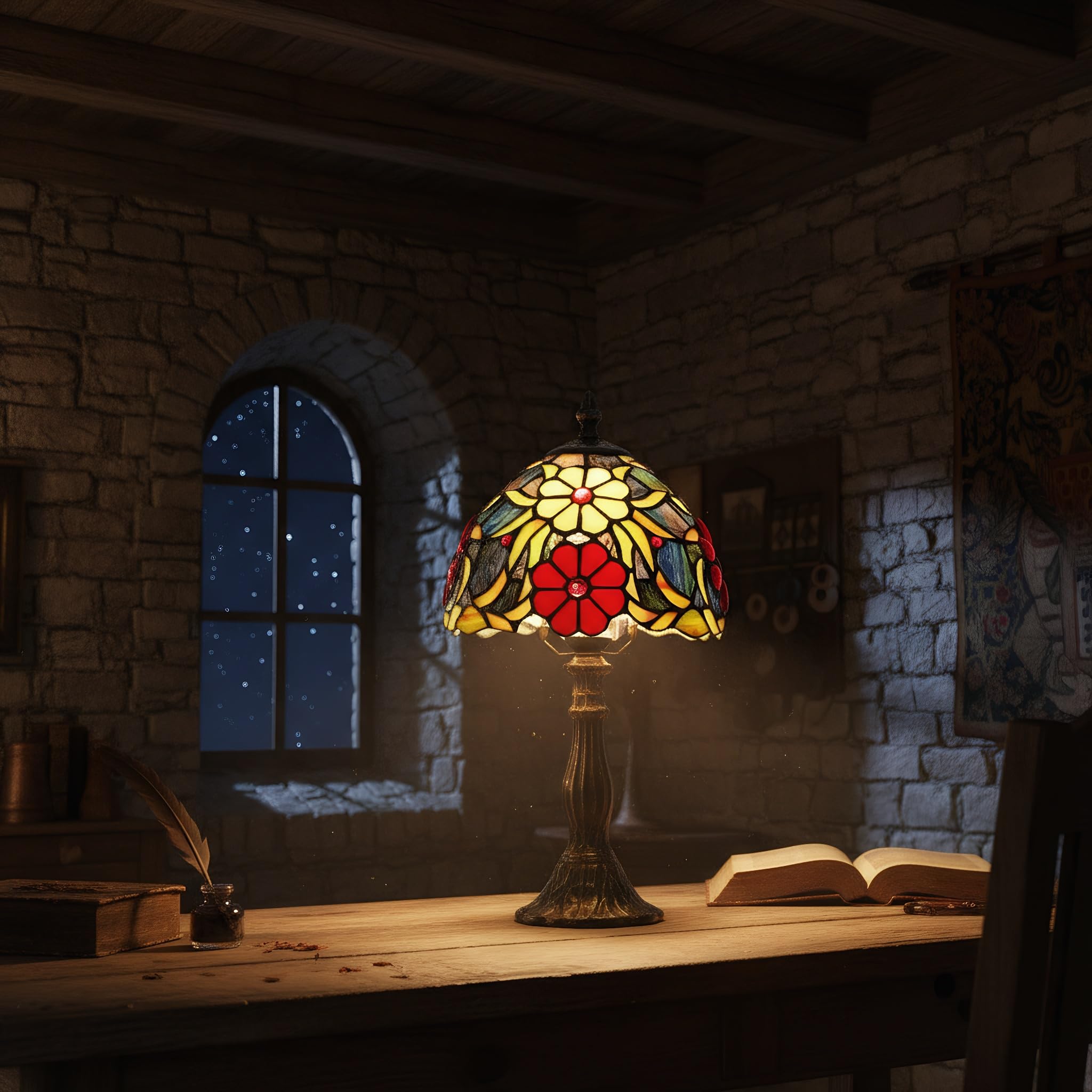 BARCELONA LED Lámpara de Mesa Estilo Tiffany “Saura” Ø20cm | Lámpara Sobremesa Vintage Clásica de Vidrio Art Nouveau. Lámpara Mesita de Noche Retro E27 para Salón y Dormitorio