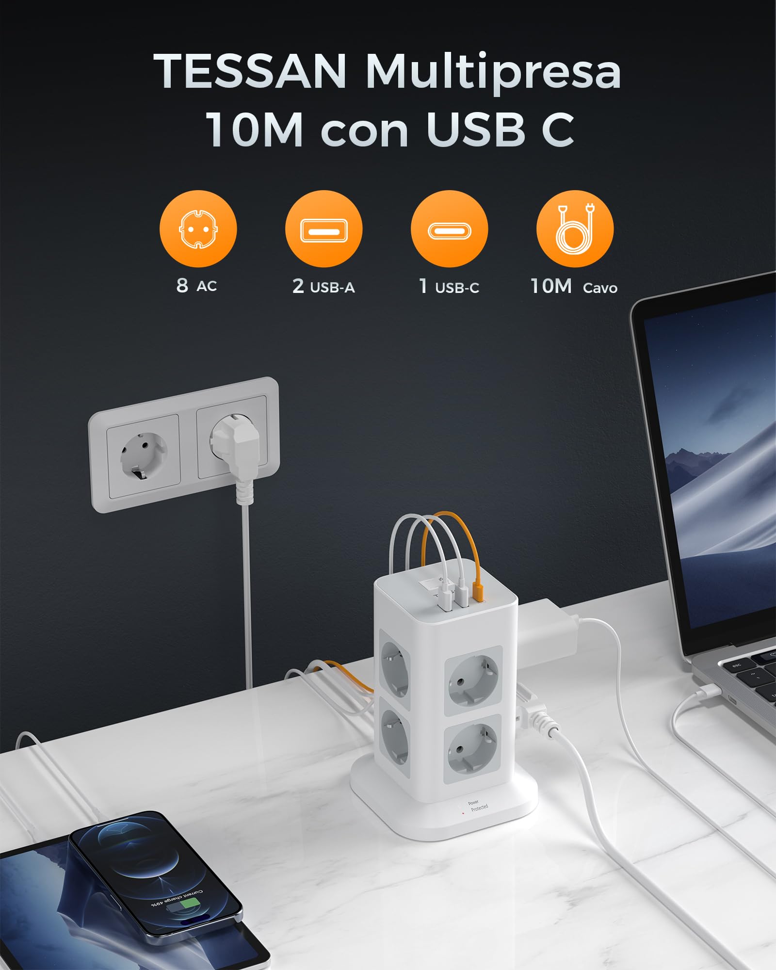 TESSAN Ciabatta Multipresa con USB 15W, Ciabatta Elettrica con 8 Prese, Torretta Multipresa Protezione Sovratensione con Interruttore e Prolunga Elettrica 10 Metri, 3600W Presa Multipla, Girgio