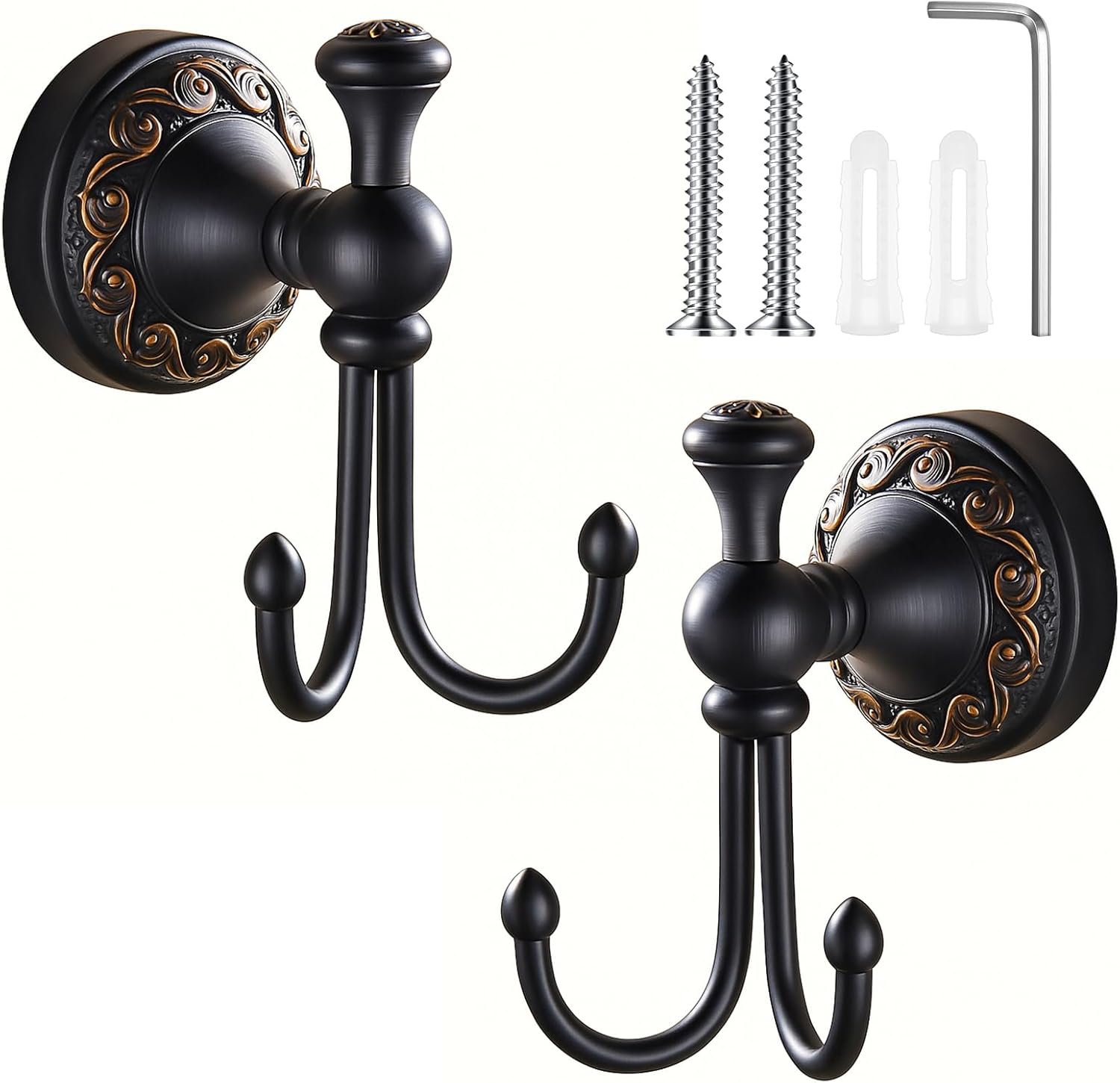 Brass Towel Hook 2 Pack, Vintage Wall Mounted Robe Holder Heavy Duty Bathroom Coat Hanger for Towels Clothes Bathrobes, Antique Brass Decorative Hardware for Bathroom Kitchen Entryway