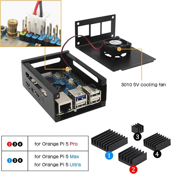 Metal Case with Cooling Fan for Orange Pi 5 Pro/Max/Ultra(N515) | with 3Pcs Aluminum Heatsinks