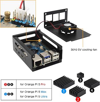 Metal Case with Cooling Fan for Orange Pi 5 Pro/Max/Ultra(N515) | with 3Pcs Aluminum Heatsinks