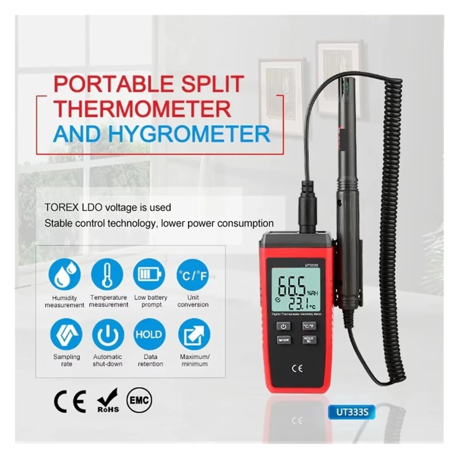 Medidor de temperatura y humedad UT333S, termómetro higrómetro digital 2 en 1, sensor de temperatura y humedad de tipo dividido.