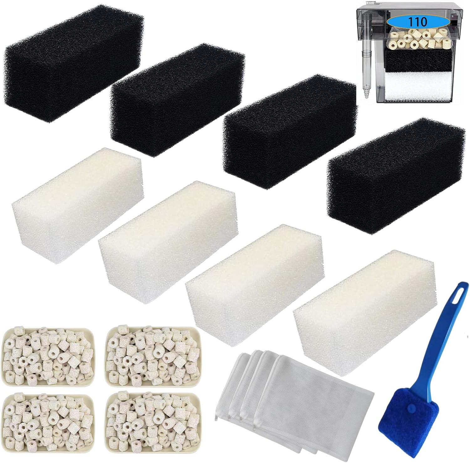 17 Pack (4 Kits) Aquarium Filter Media Replacement Kit for Fluval AC110 & AquaClear 110, 3-Stage Bio Sponge, Carbon Sponge, 2KG Ceramic Rings, 60-110 Gal Tank