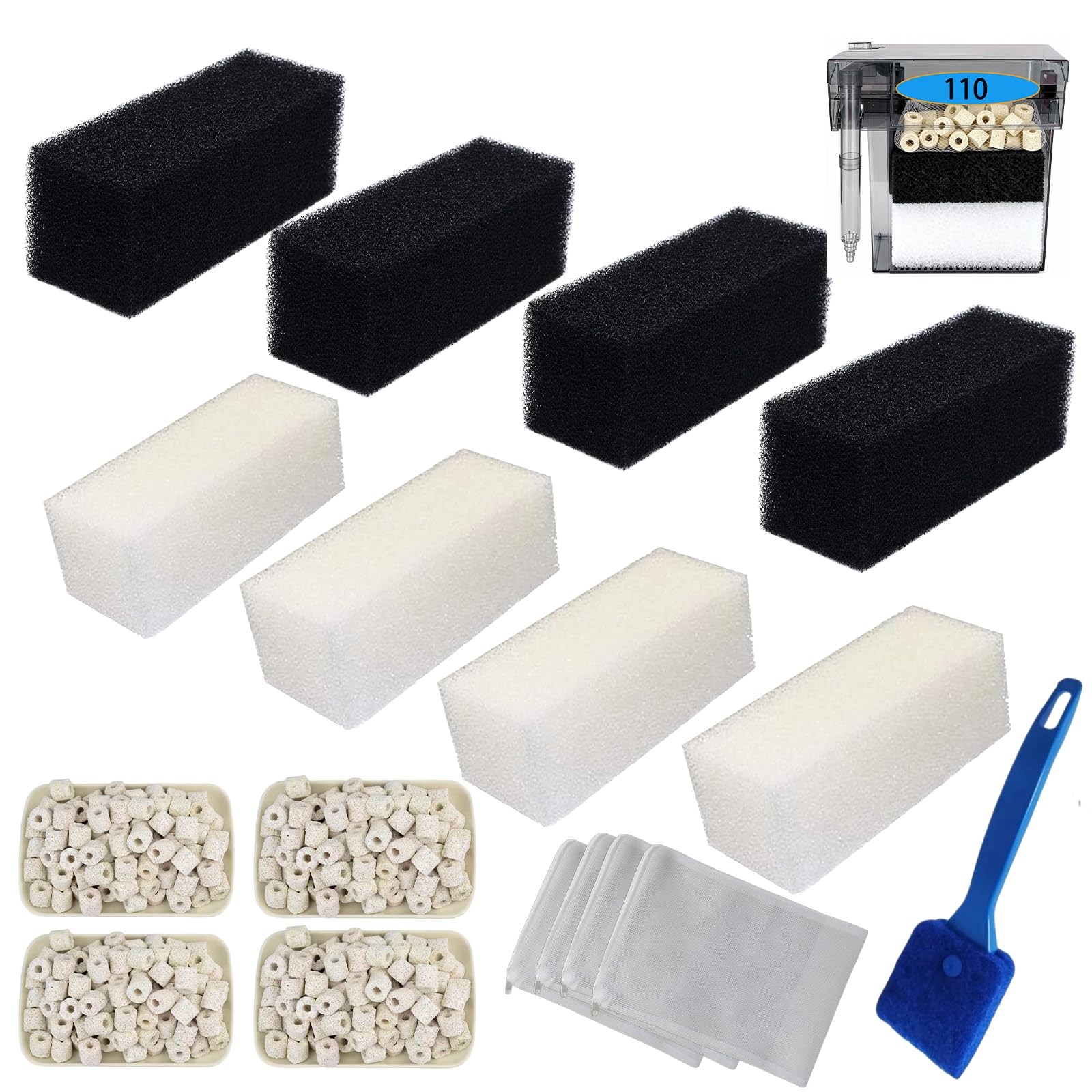 Kit de medios de filtro de 3 etapas para filtro Fluval AquaClear 110 - (17 paquetes/4 kits) Bio esponja, carbón activado y anillos de cerámica de 2 kg, 60-110 galones