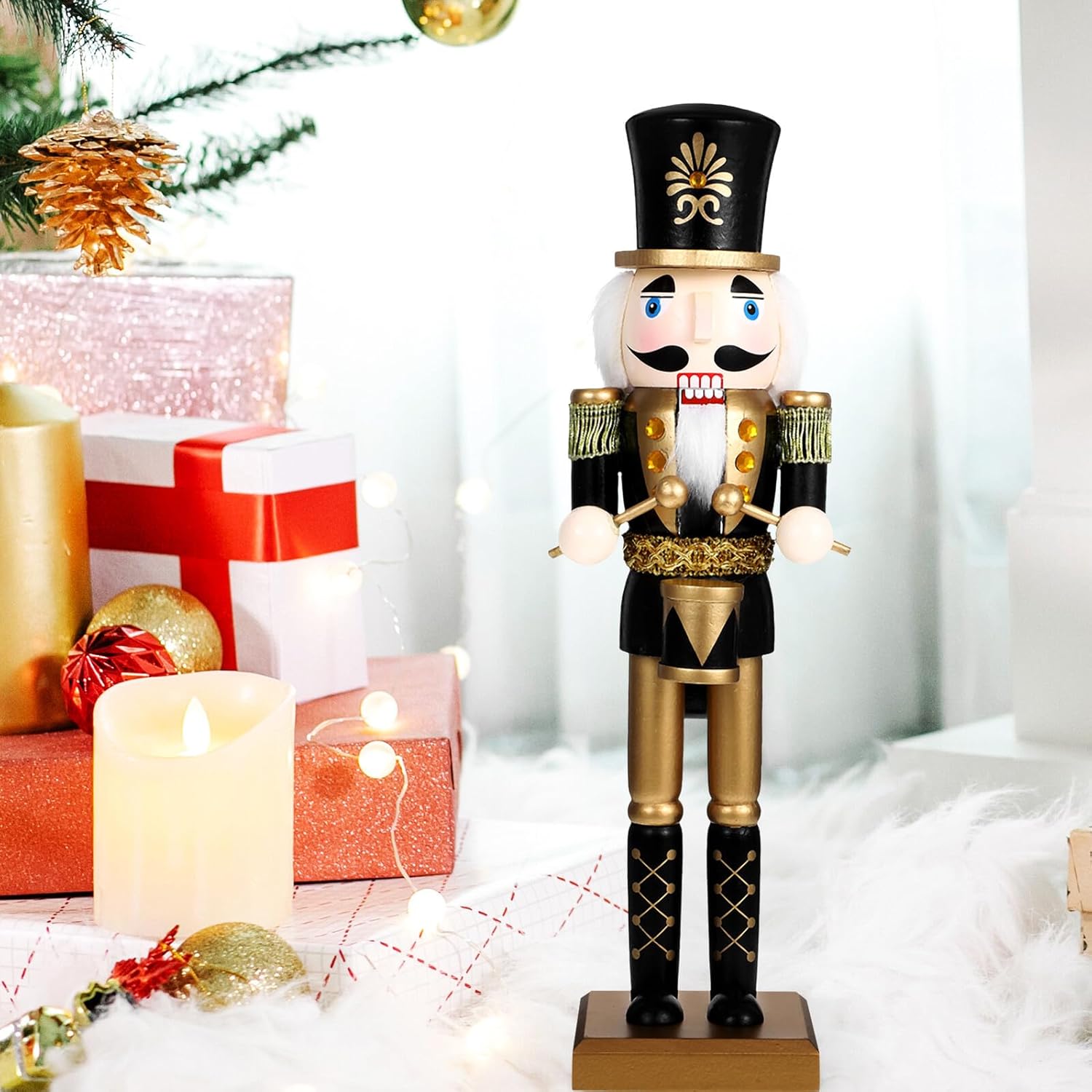Black Gold Nutcracker Soldier Figurine 36cm Wood Desktop Christmas Nutcracker Decoration for Holiday Home and Office Seasonal Décor
