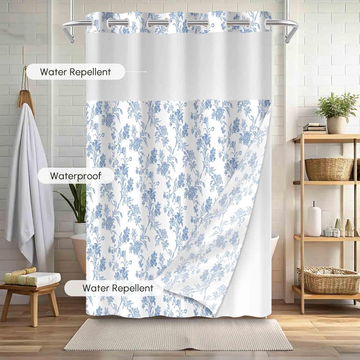 WELTRXE Floral Shower Curtain, No Hook Shower Curtain Set with Snap in Line, Cottagecore Shower Curtain for Bathroom, Machine Washable 72" W x 72" L, Blue