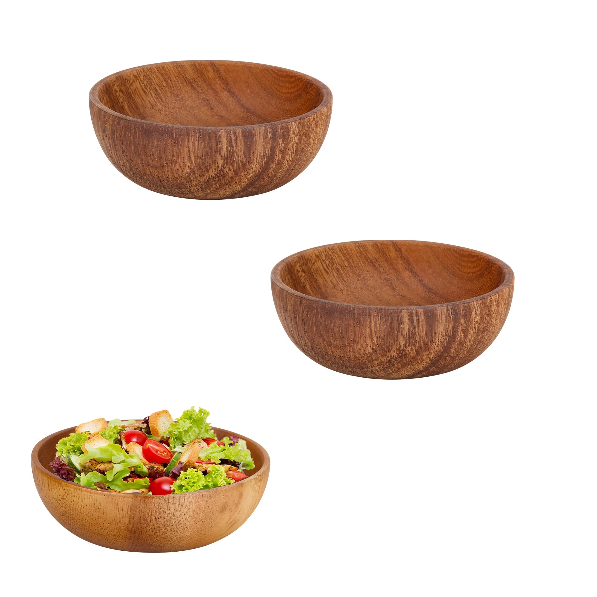YKUKIZEE 2 PCS Acacia Wooden Salad Bowls, 12 CM Round Wood Salad Mixing Bowl, Wooden Fruits Serving Bowl for Vegetables Cereal Yogurt Dessert Snack