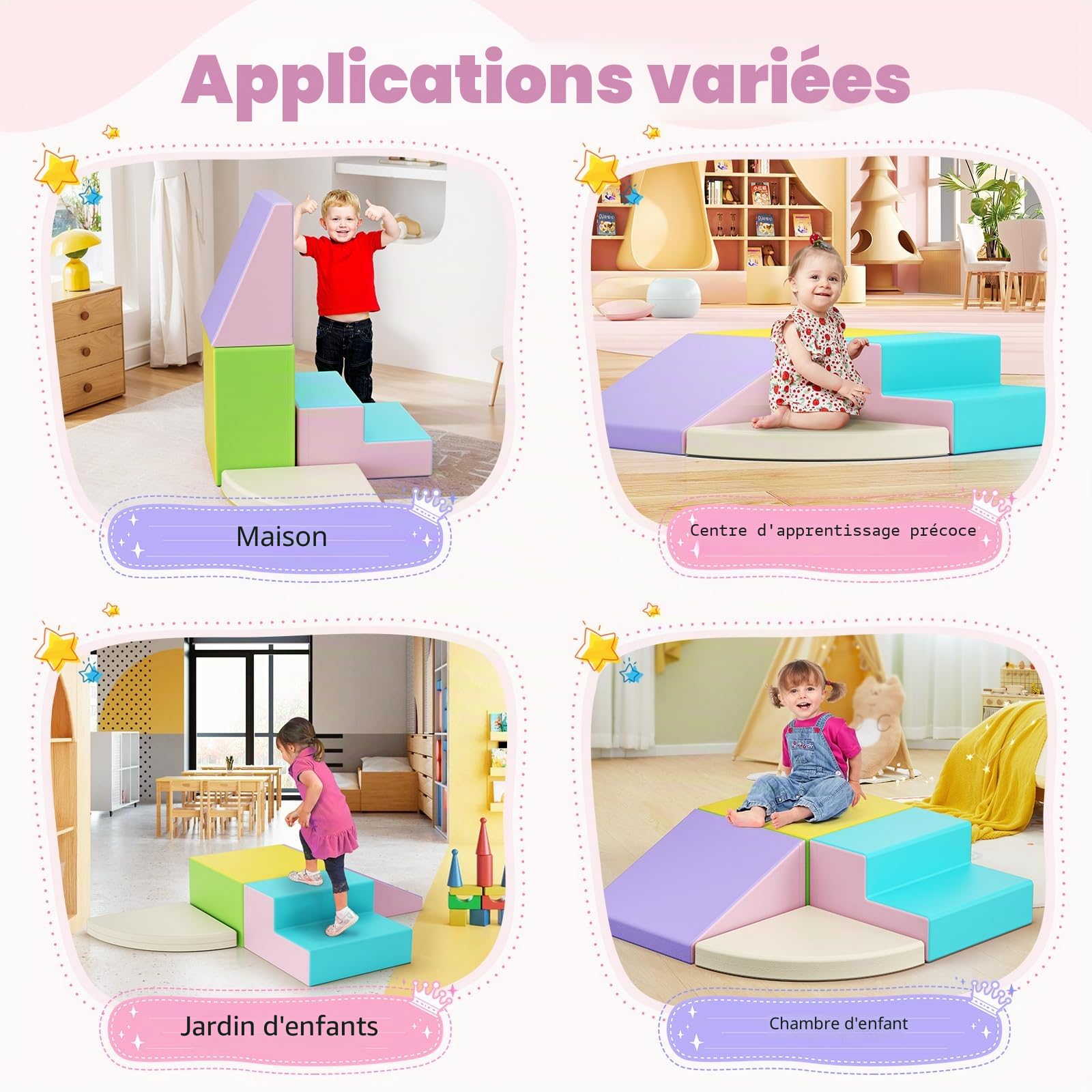 Lot de 4 blocs d'escalade en mousse - Couleurs macaron - Jouet souple - Blocs de construction combinables avec fermeture - Jouet éducatif sûr pour enfants - Intérieur et crèche