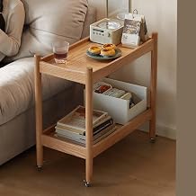 YESWOOD Minimalist Side Table with Lockable Wheels, 2Tier Rolling End Table Nightstand for Small Space Living Room BedroomNatural, 25.59" D x 13.77" W x 25.55" H