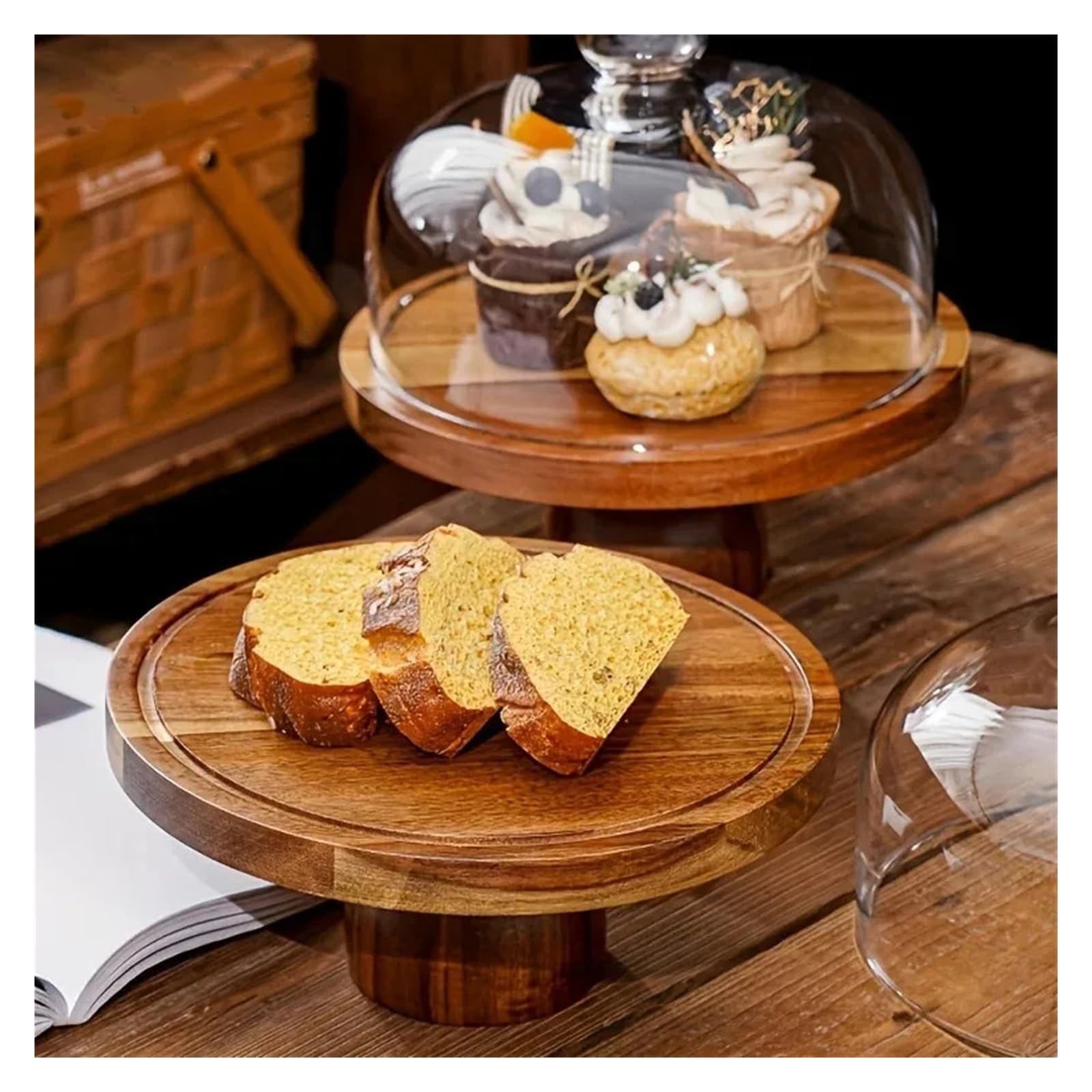 Support à gâteau en bois avec couvercle en verre et sans couvercle
