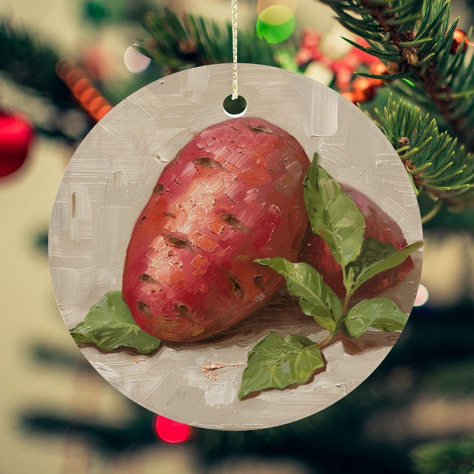 Bright Red Sweet Potato Christmas Ornament for Christmas Tree Ceramic Round Ornament Winter Holiday Keepsake Gift 2.7" Christmas Tree Hanging Decorations Circle Ceramic Pendant Xmas Gift