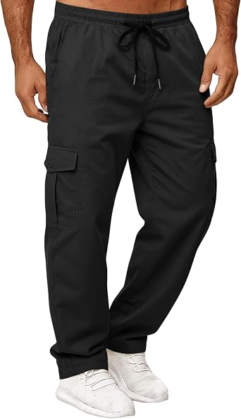Mens Cargo Sweatpants Casual Relaxed Fit Elastic Waist Drawstring Joggers Lightweight Pants with Pockets