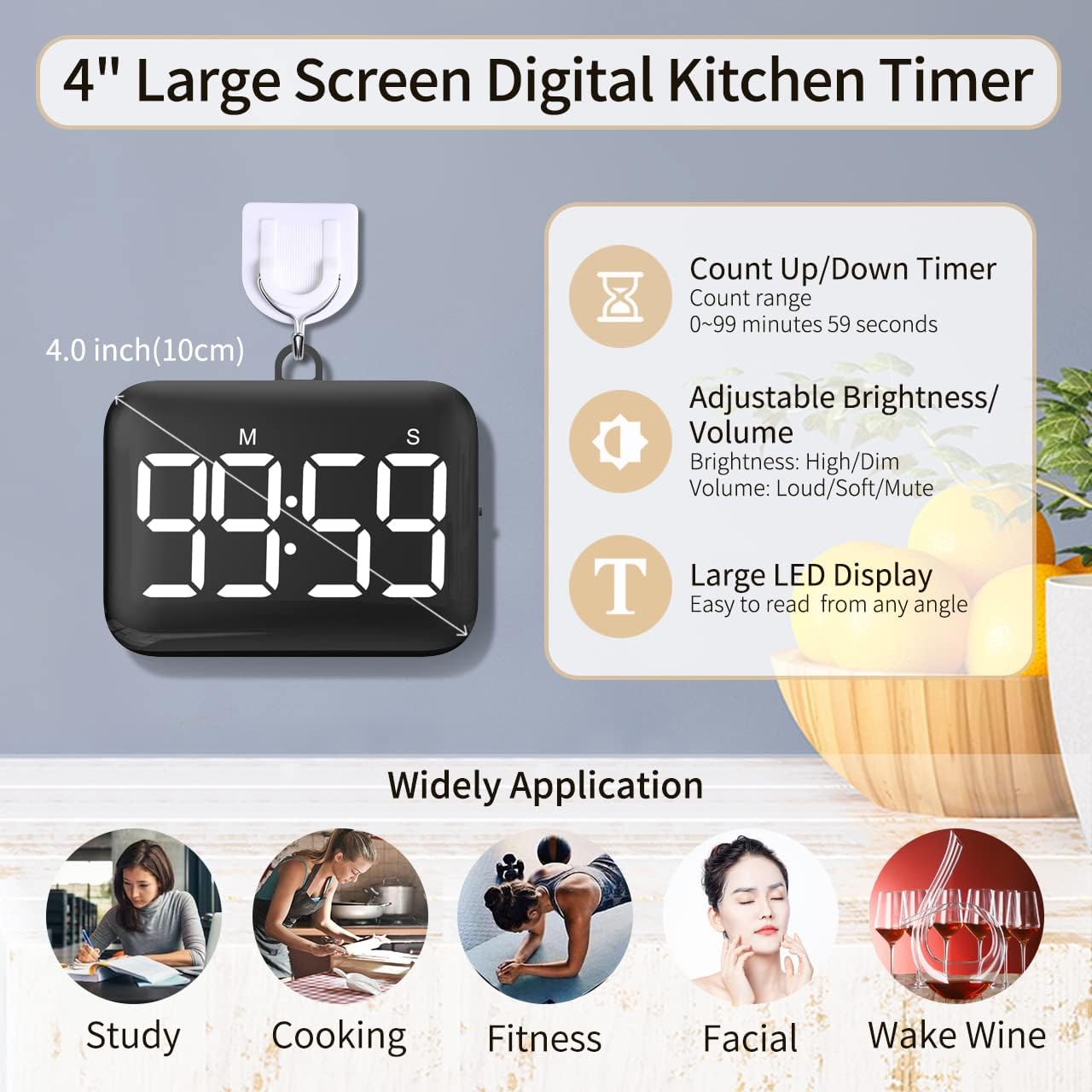 NOKLEAD Digital Kitchen Timer - Large LED Magnetic Timer with Countdown Count Up, 2 Brightness, Adjustable Volume, Easy for Cooking, and for Kids and Seniors to Use (Black)