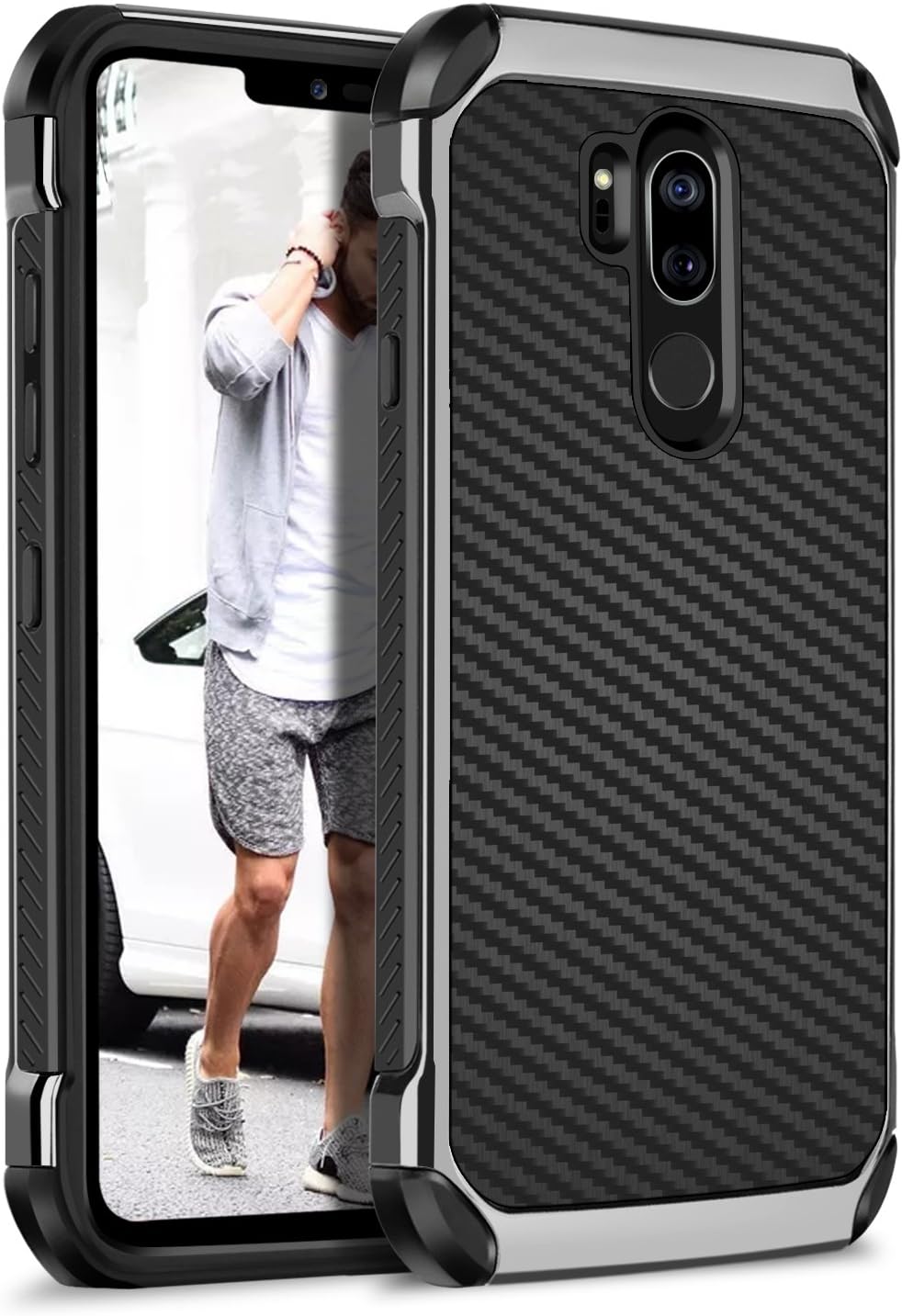 BENTOBEN Case for LG G7, Case for LG G7 ThinQ, Slim Heay Duty 2 in 1 Hybrid Hard PC Soft TPU Bumper Carbon Fiber Texture Shockproof Cover Protective Case for LG G7 ThinQ/LG G7, Black