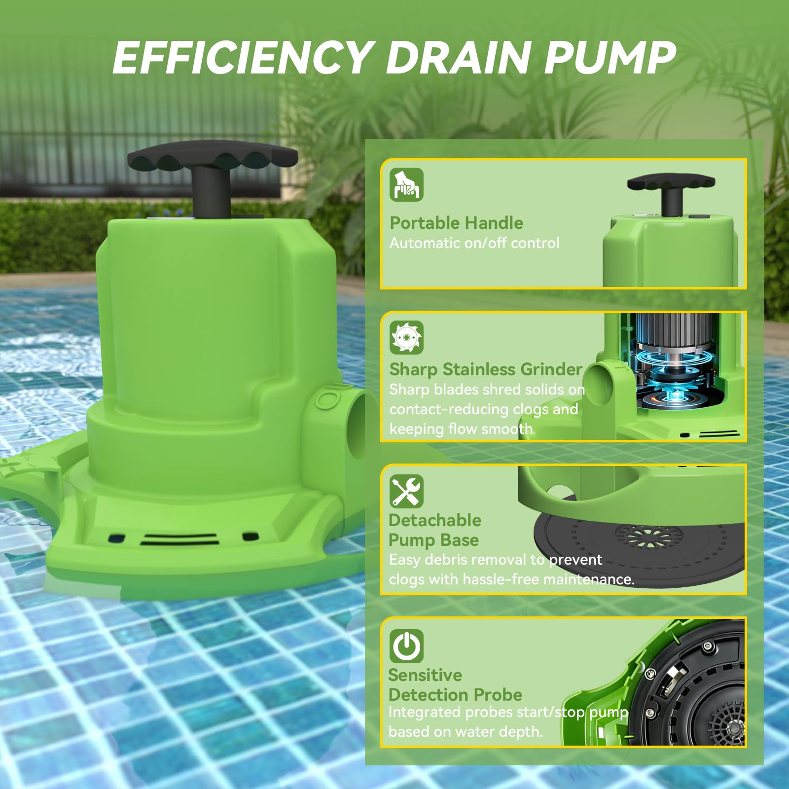 Bomba Sumergible 400W 8300L/H, Portátil y Manual con Cable 10m para Drenar Piscina, Estanque, Jardín, Jacuzzi, Sótano, Calentador