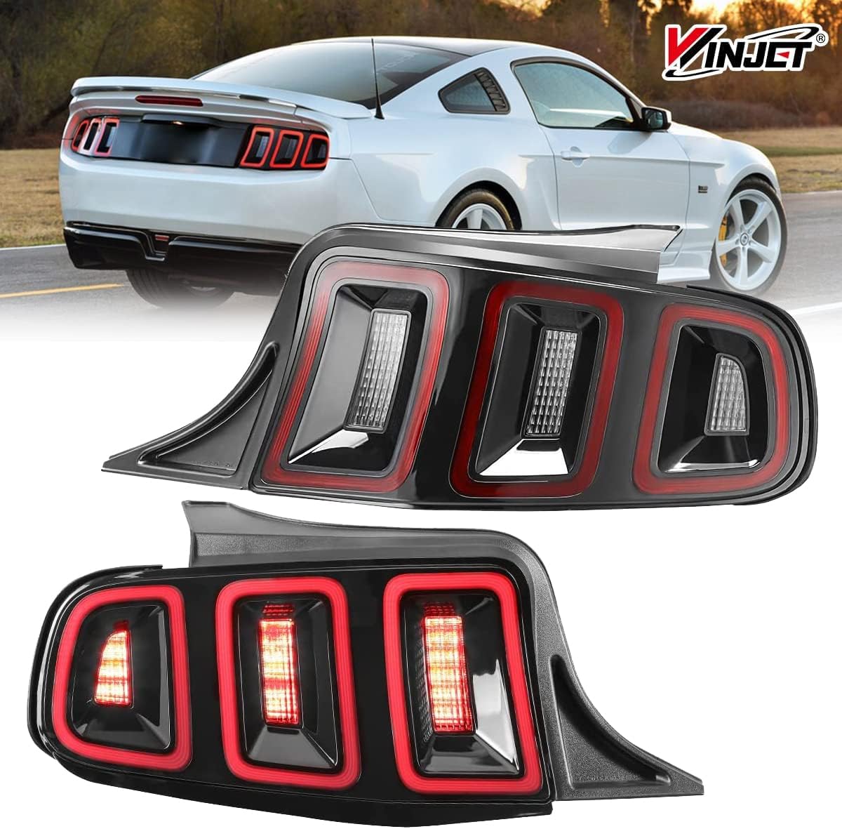 Winjet Full Led Tail Lights Assembly for 2010 2011 2012 2013 2014 Ford Mustang, Led Mustang Tail lights Pair w/Led Sequential Turn Signals,DRL, Led Reverse Lights (Black Housing Smoke Lens)