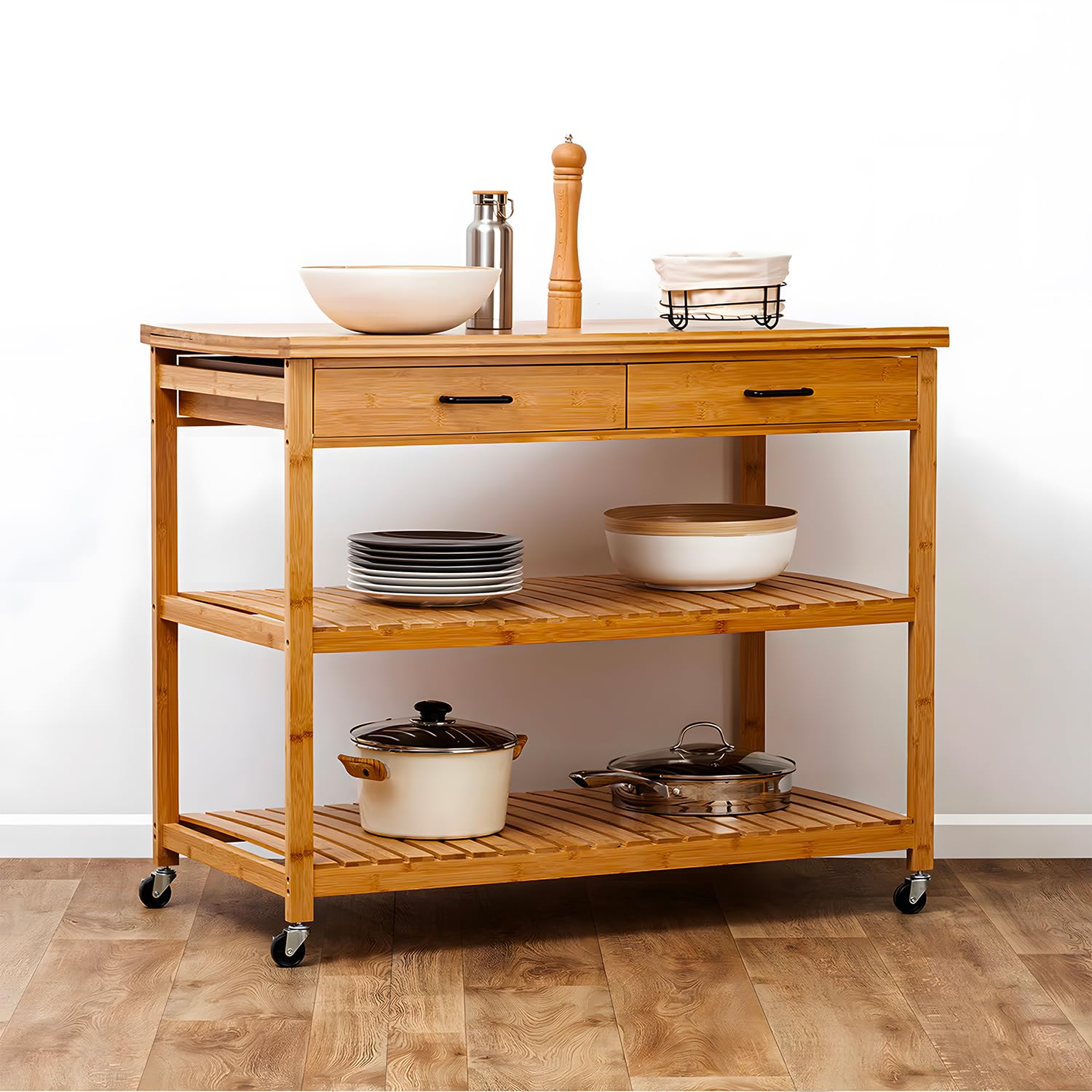 Avilia Isola Carrello da Cucina in Bambù 3 Livelli con Ruote 90x108x85 cm - Piano Lavoro Superiore due Scaffali di Appoggio e due Cassetti Ideale sia per Cucinare che per Riporre Oggetti e Utensili