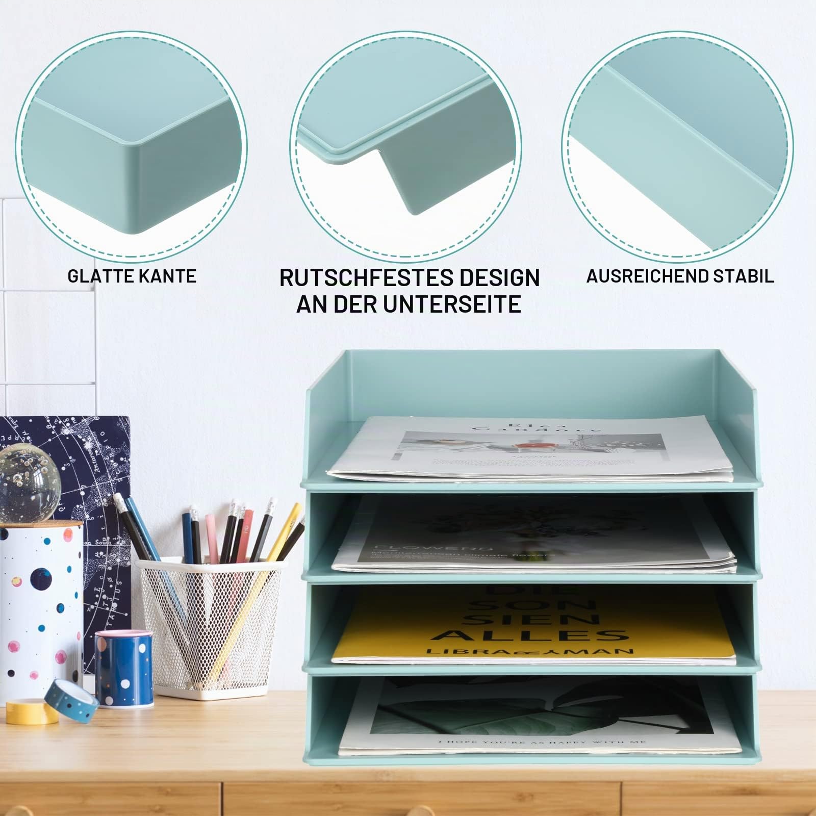 Tatuo 4 Stück A4 12,8 x 9,45 x 1,97 Zoll Stapelbare Briefablage Papierhalter Kunststoff Schreibtisch Organizer Aufbewahrung Büro Schreibtisch Zubehör für Büro Zeitschriftendatei Dokumente Quittungen,