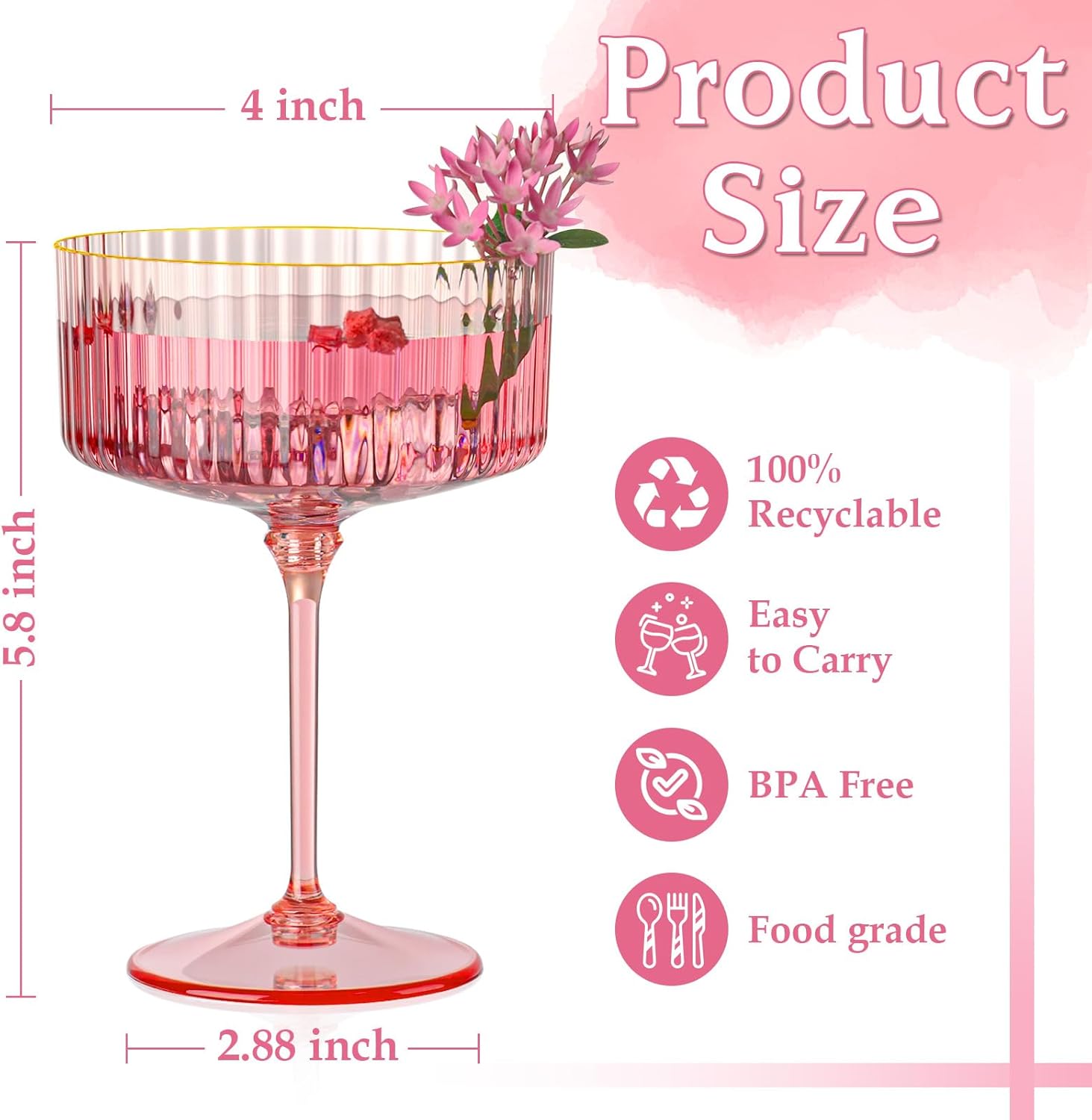 24 PCS Ribbed Coupe Glasses Pink Plastic Champagne Coupe Cup 10oz Detachable Gold Rim Espresso Martini Glass Vintage Margarita Glassware Cocktail Glass for Wedding Bachelorette Party - Image 5