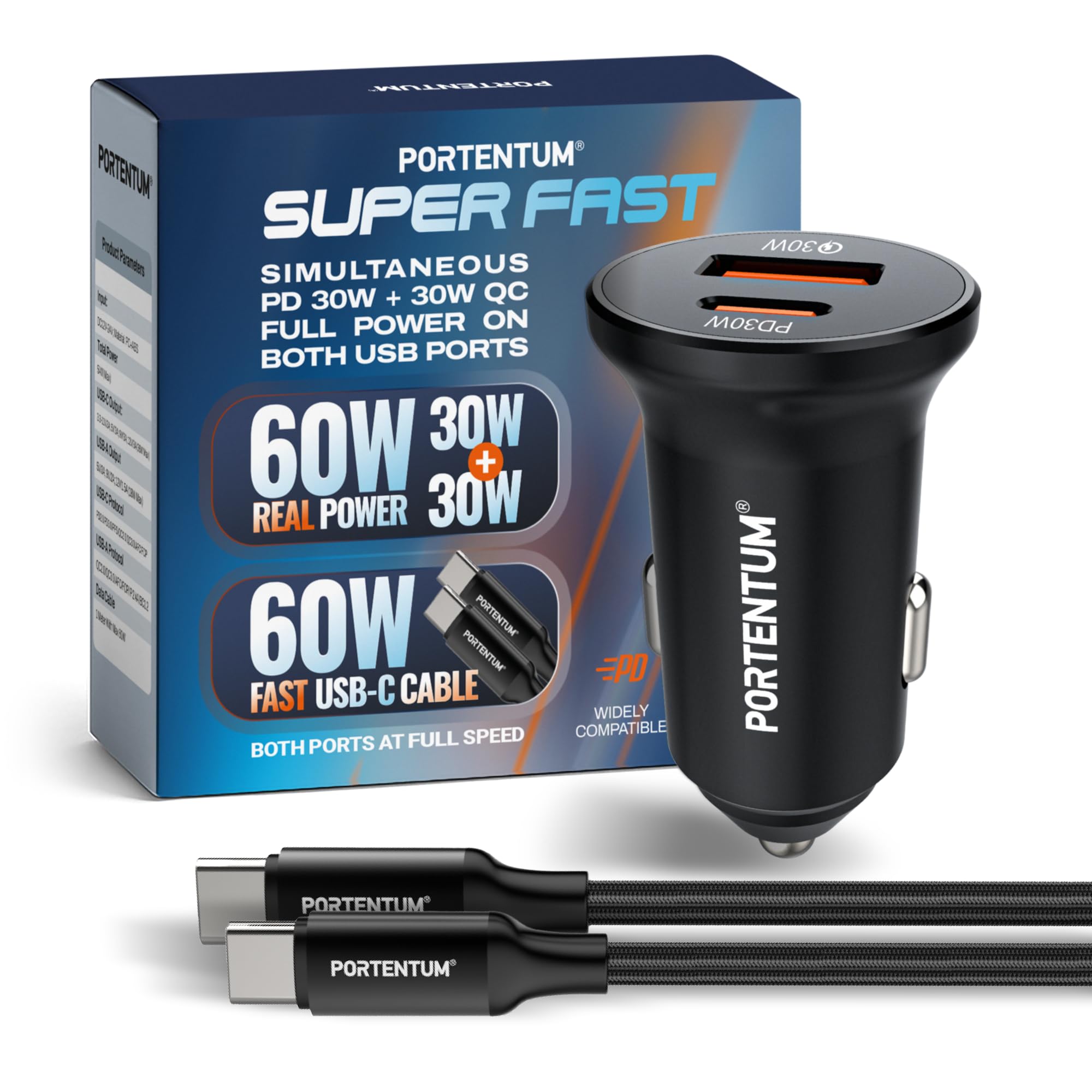 PORTENTUM Car Charger Adapter 60W + 60 W USB-C Cable included – Dual and simultaneous – USBC PD 30W + USBA QC 30W – Cigarette Lighter USB Charging for iPhone iPad Android Tablet Smartphone