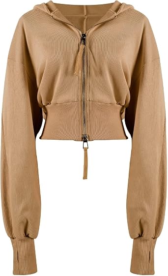 Womens Cropped Zip Up Hoodie Long Sleeve Sweatshirts Casual Fashion Jacket Workout Tops